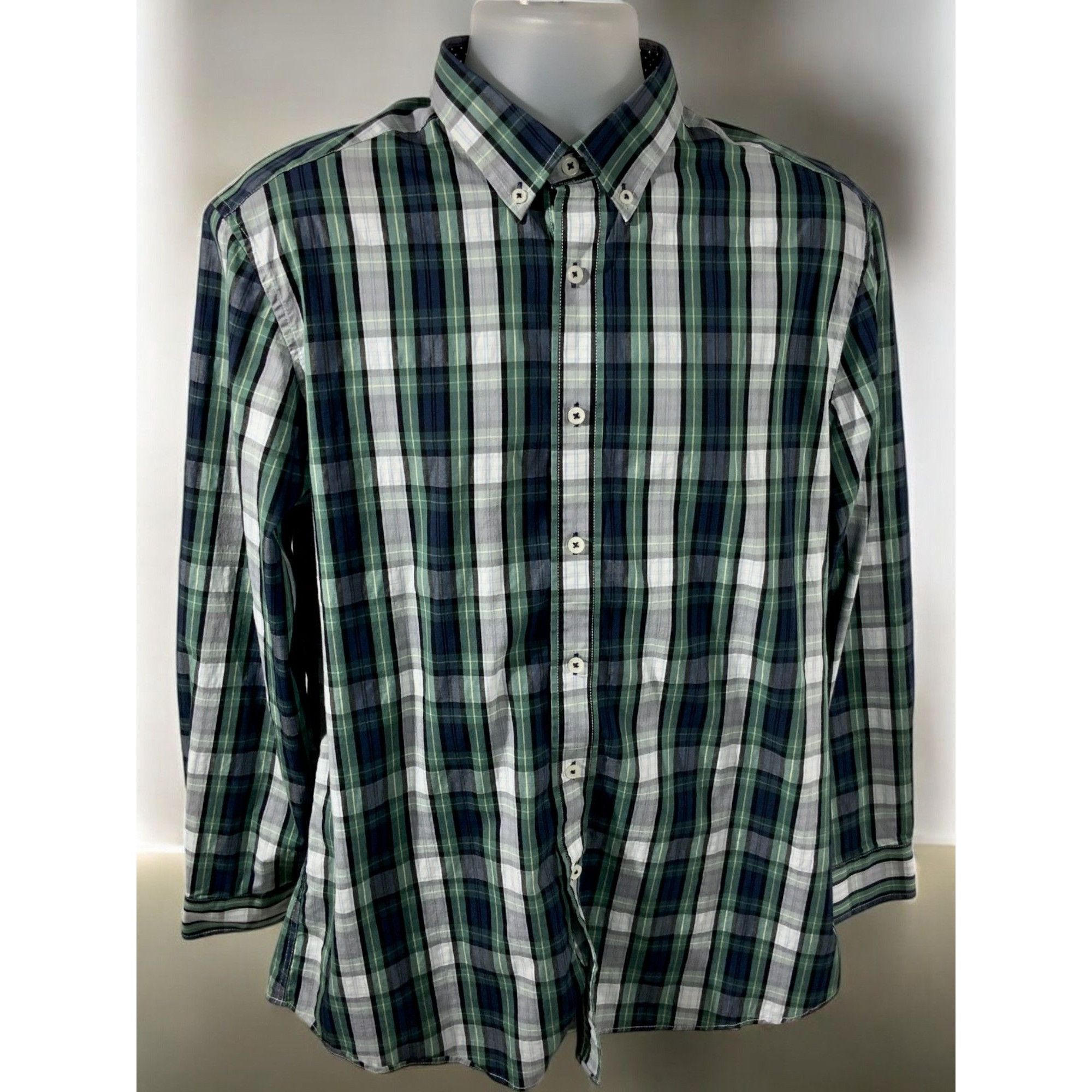 Designer Nick Graham Mens Green Blue Plaid Stretch Modern Fit Button Size US L / EU 52-54 / 3 - 7 Thumbnail
