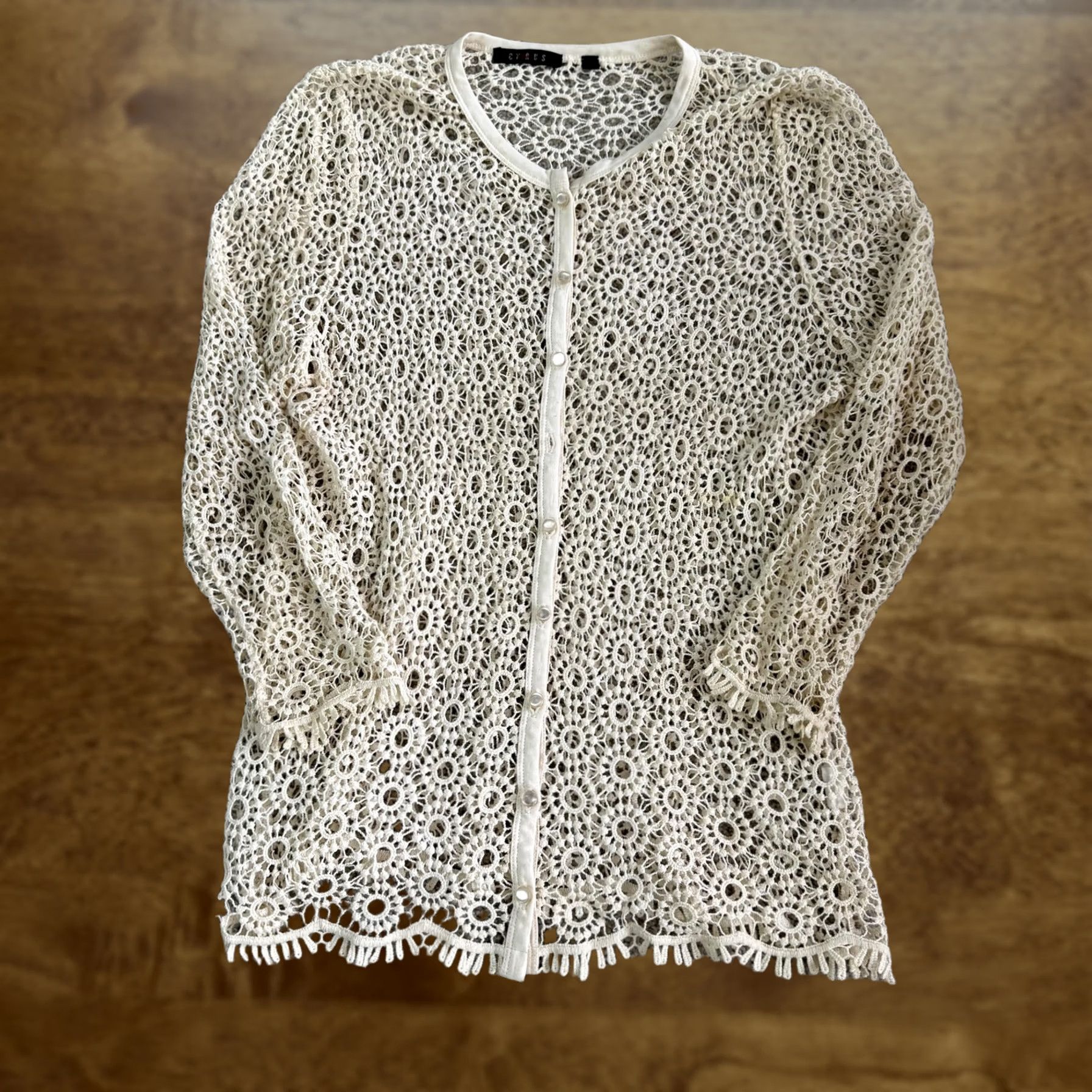 Vintage Cyrus Blouse Womens Small White Crochet Lace Button Front Sheer Long Sleeve Boho Size S / US 4 / IT 40 - 1 Thumbnail