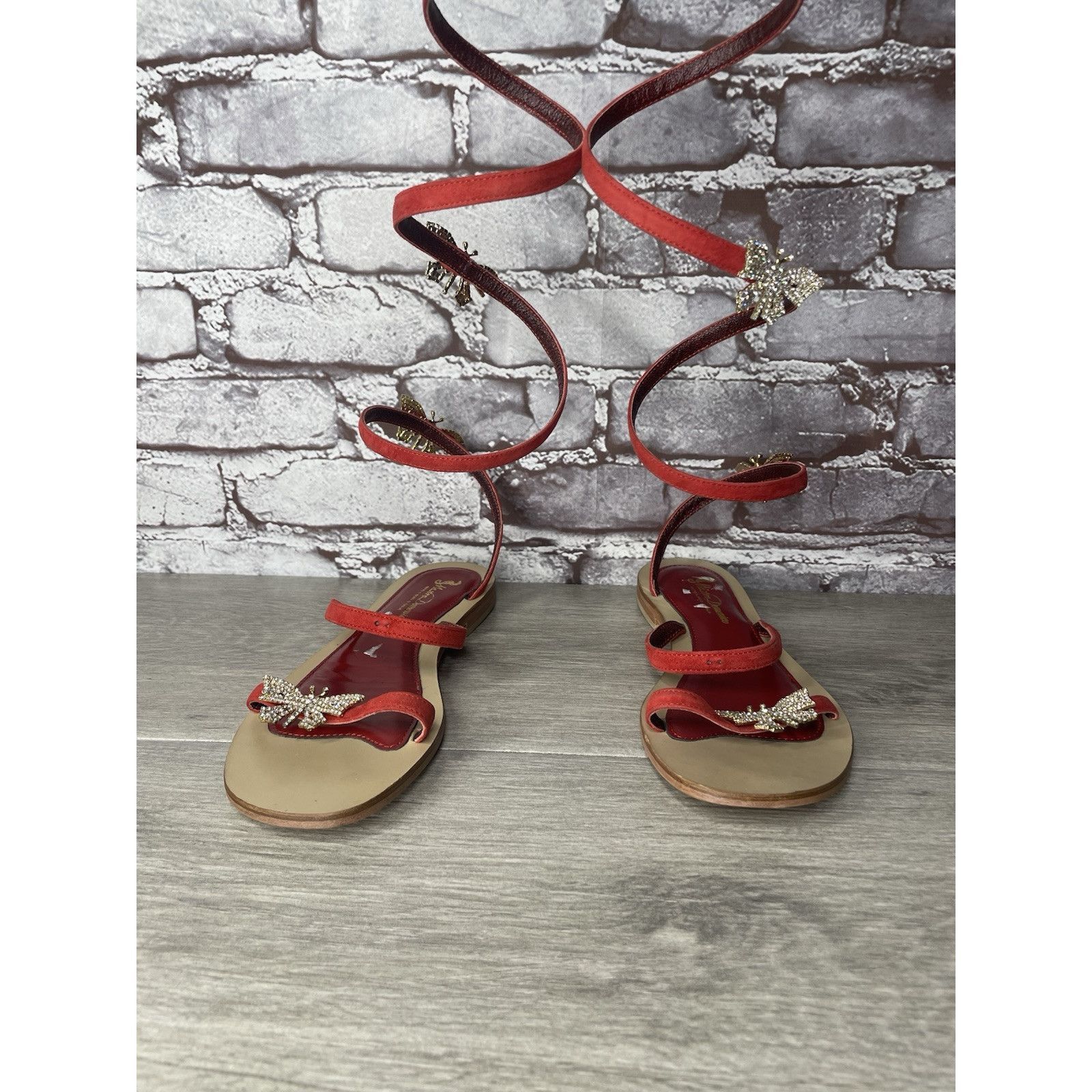 Other Mastro Domenico Red Leather Butterfly Rhinestone Wrap Around Size US 7.5 / IT 37.5 - 14 Thumbnail