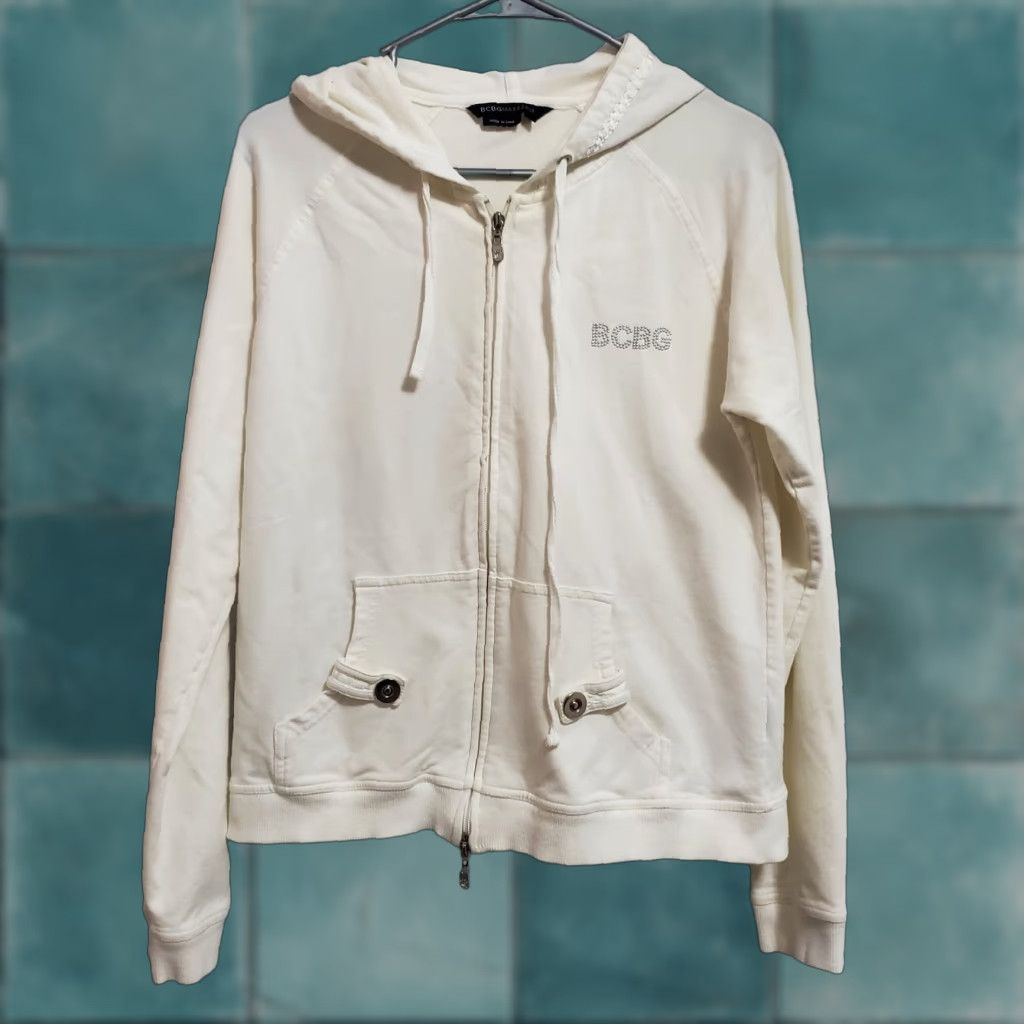 Bcbgmaxazria BCBGMAXAZRIA Sweatshirt Women L Ivory Embellished Full Zip Hooded Pockets Y2K 90s Size L / US 10 / IT 46 - 1 Thumbnail