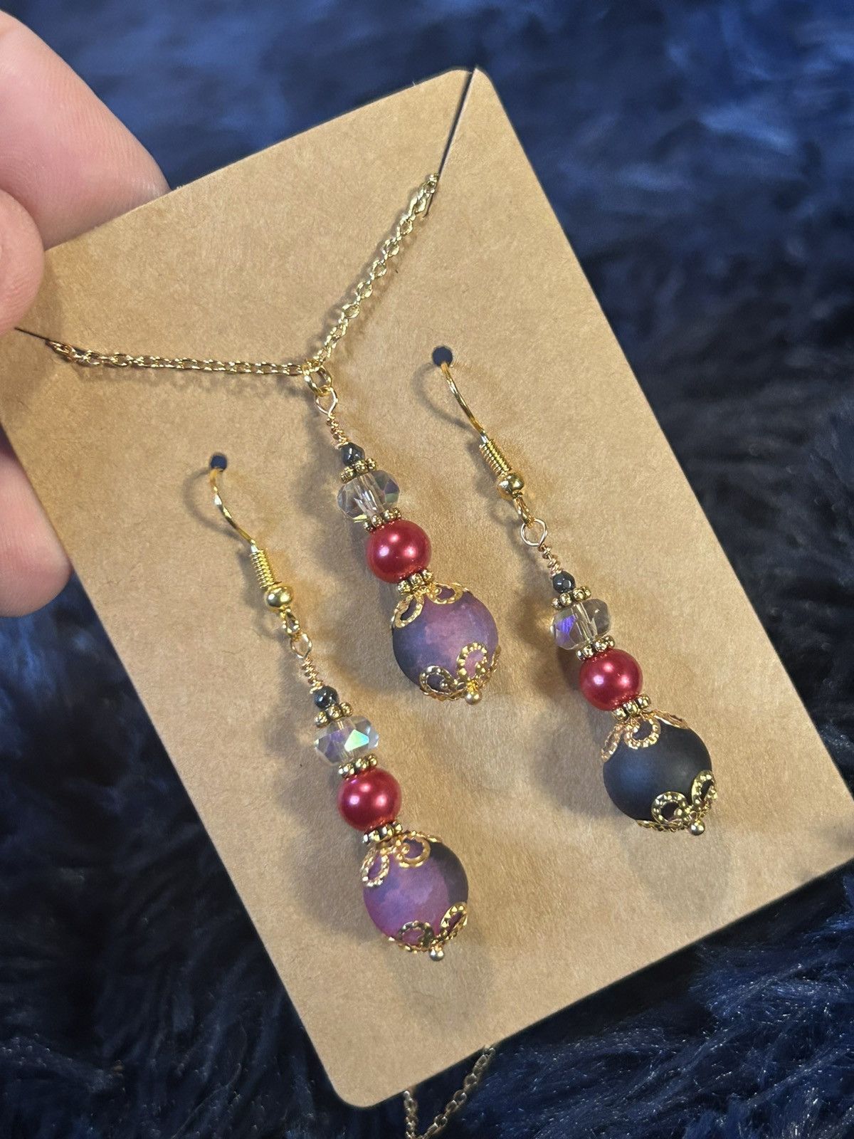 Handmade Handcrafted ombré crackle glass pearl crystal necklace set Size ONE SIZE - 1 Thumbnail