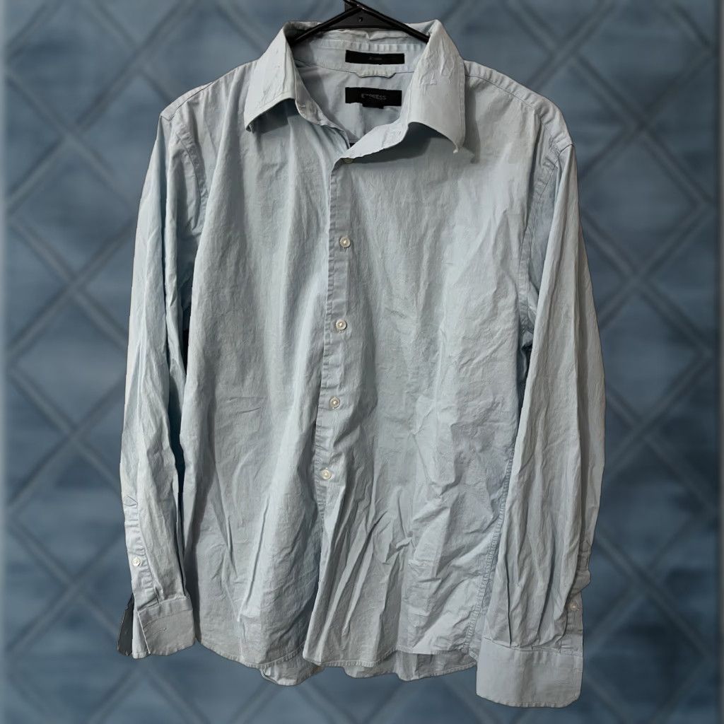 Express Express Stretch Fitted Solid Button Shirt Blue Dress Shirt Adult Medium Mens Size 40R - 1 Thumbnail