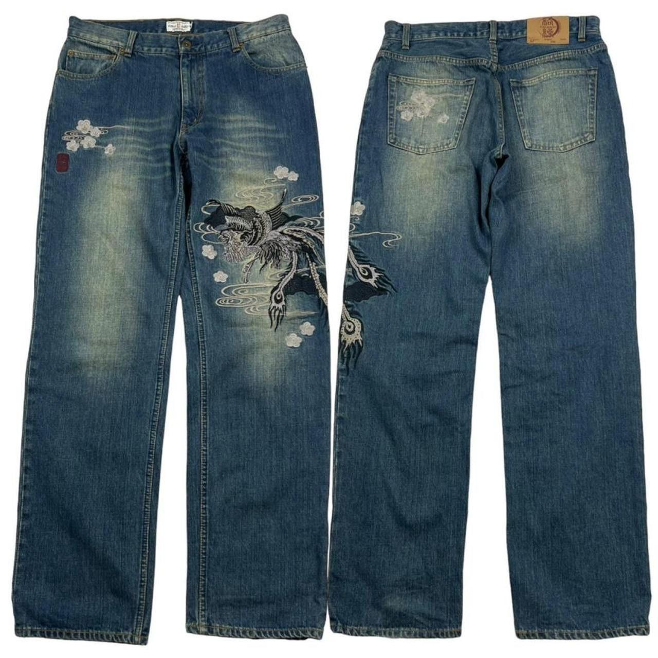 Karakuri Tamashii Vintage Karakuri Tamashii Embroidered Phoenix Jeans Waist 33 Size US 33 - 1 Thumbnail