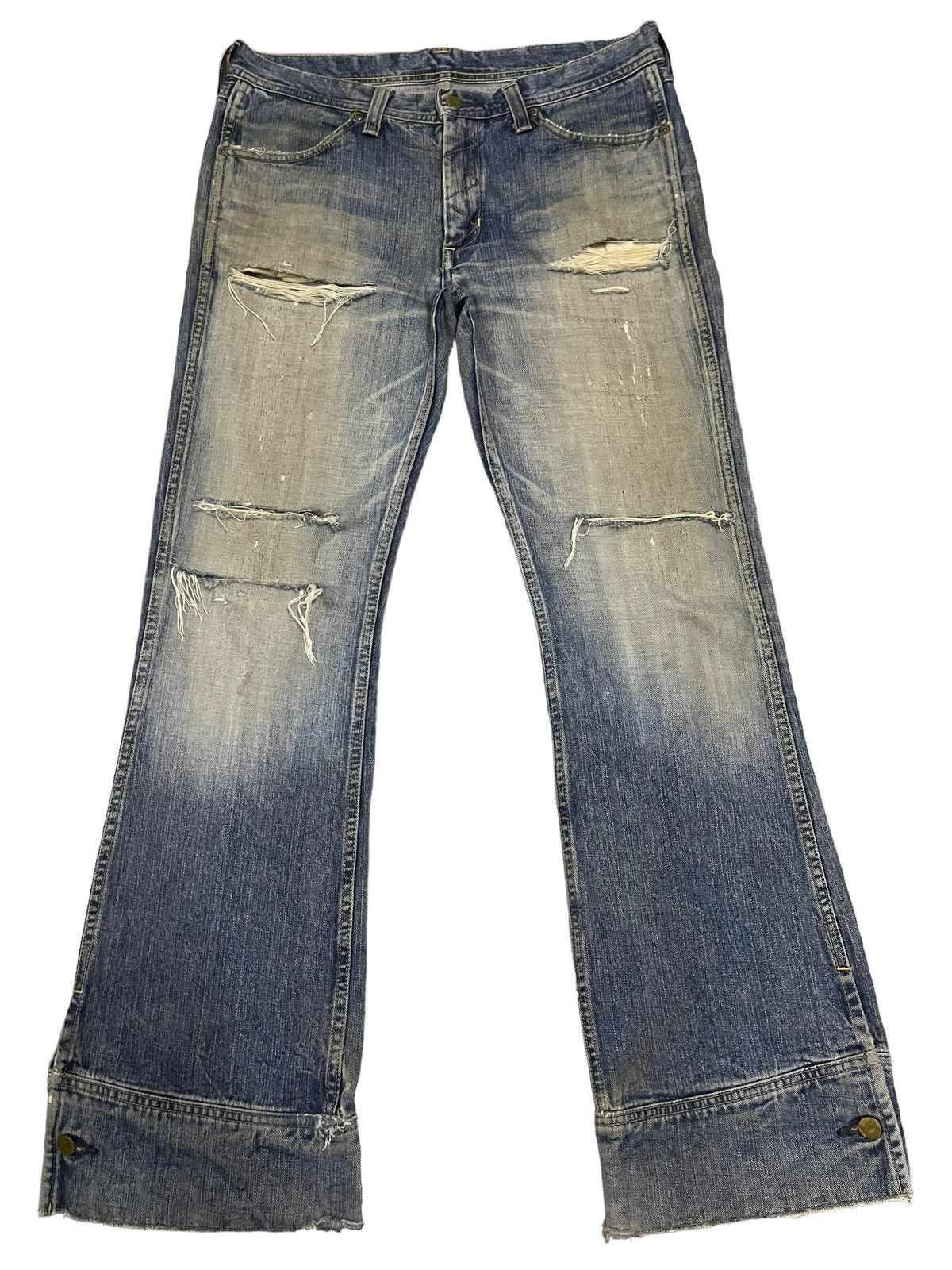 image of Distressed Denim x Lee Vintage 90's Lee Riders Distressed Style Flare Jeans in Blue, Men's (Size 33