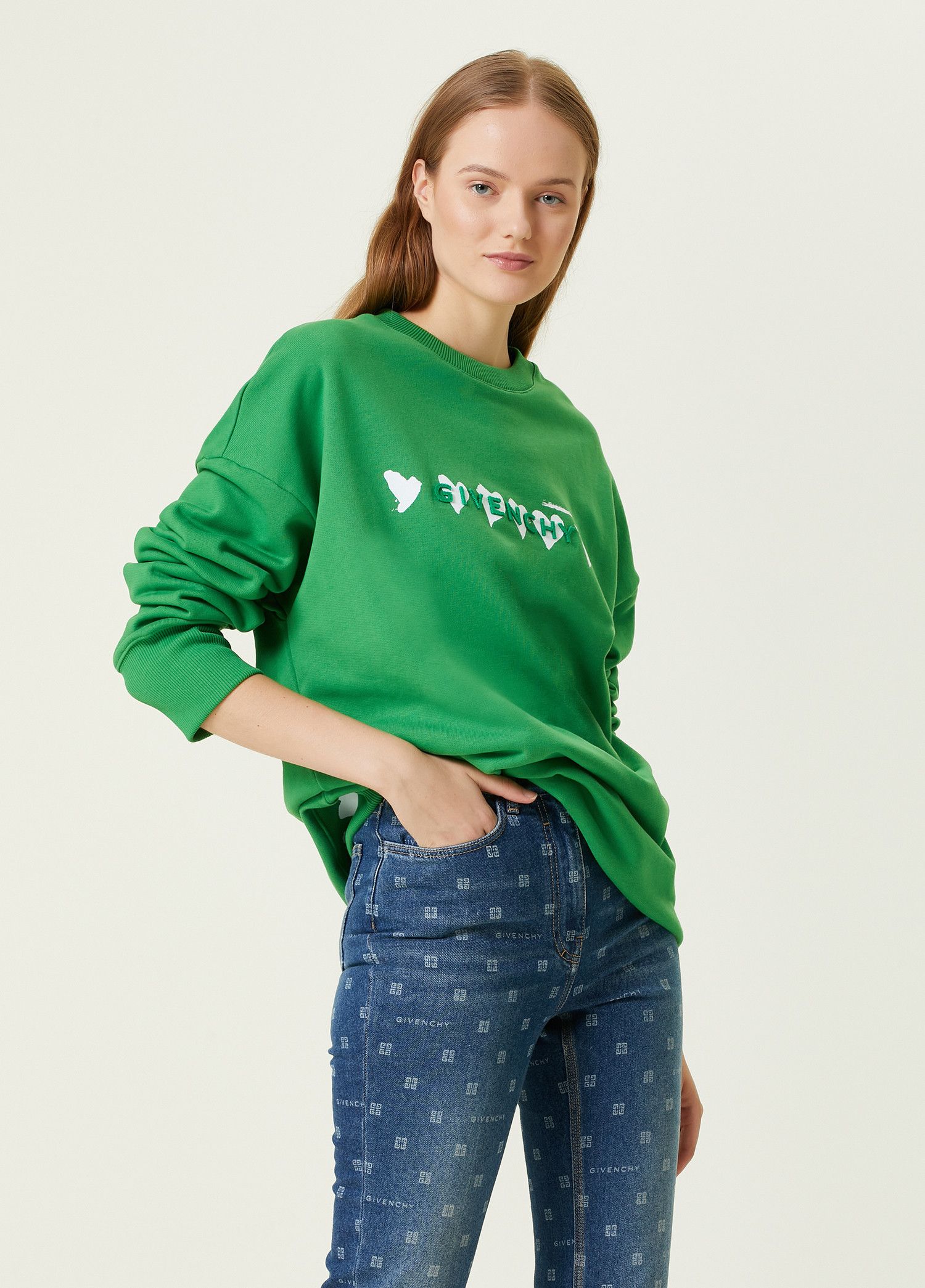 Givenchy x Chito Green Heart Print Flocked Logo Oversized Sweatshirt Size US XXS / EU 40 - 2 Thumbnail