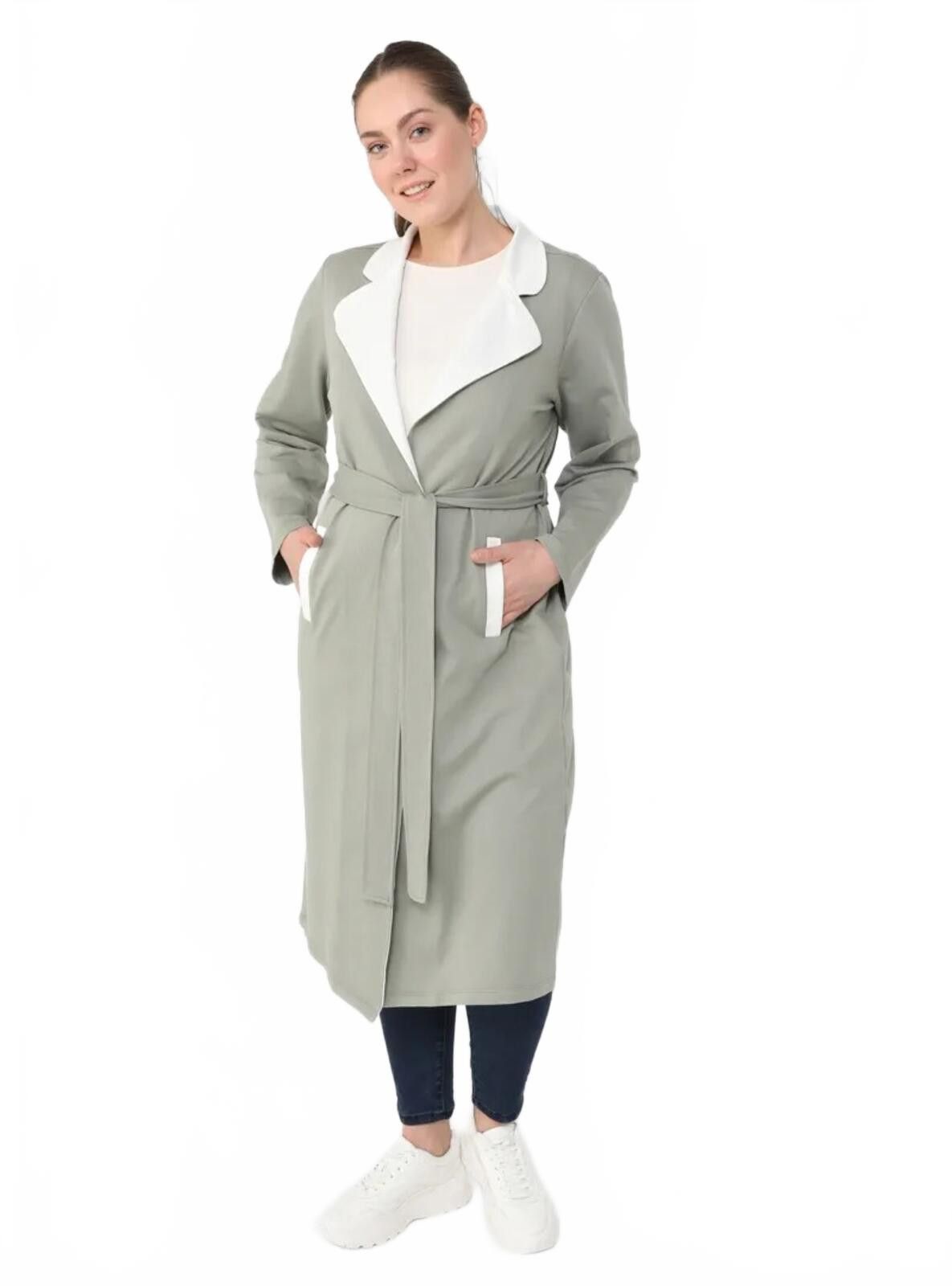 The Unbranded Brand Women's Long Belted Coat with Contrasting Collar and Pocket Size XL / US 12-14 / IT 48-50 - 3 Thumbnail