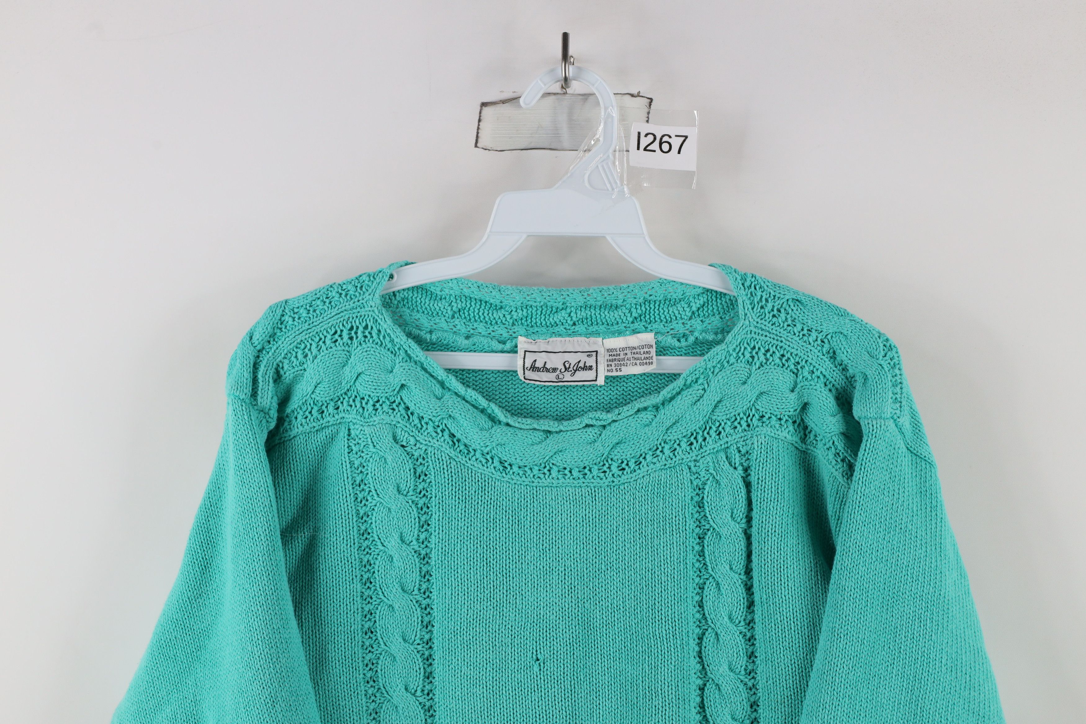 Vintage Vintage 90s Streetwear 3/4 Sleeve Cable Knit Sweater Teal Size L / US 10 / IT 46 - 2 Thumbnail