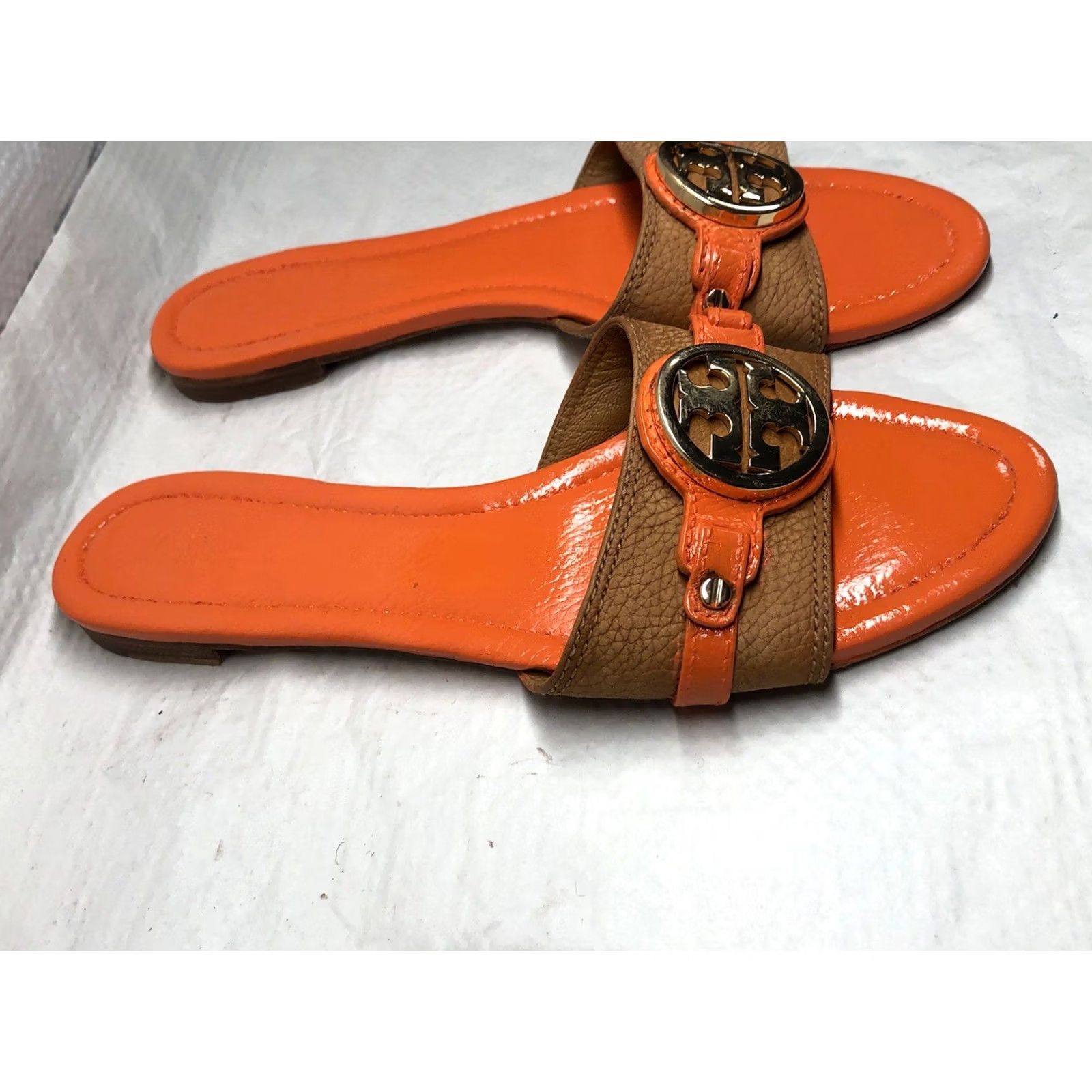 Tory Burch Tory Burch Sandal Slides Women Size 9.5 Custom Tan/Orange Logo Medallion Leather Miller Leticia Flat Slip On Size US 10 / IT 40 - 3 Thumbnail