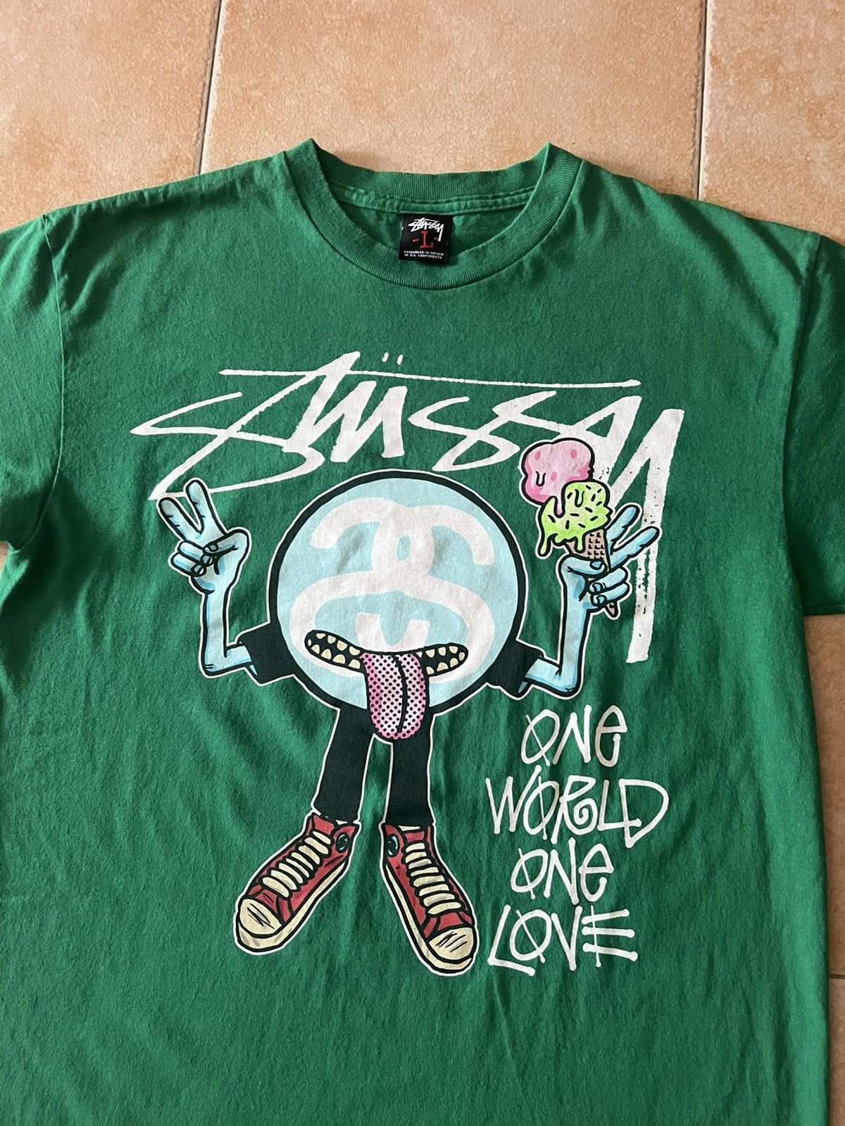 STUSSY - Stussy One World Tee レア Vintage Stussy 80s One World One Love Faded Single Stitch T