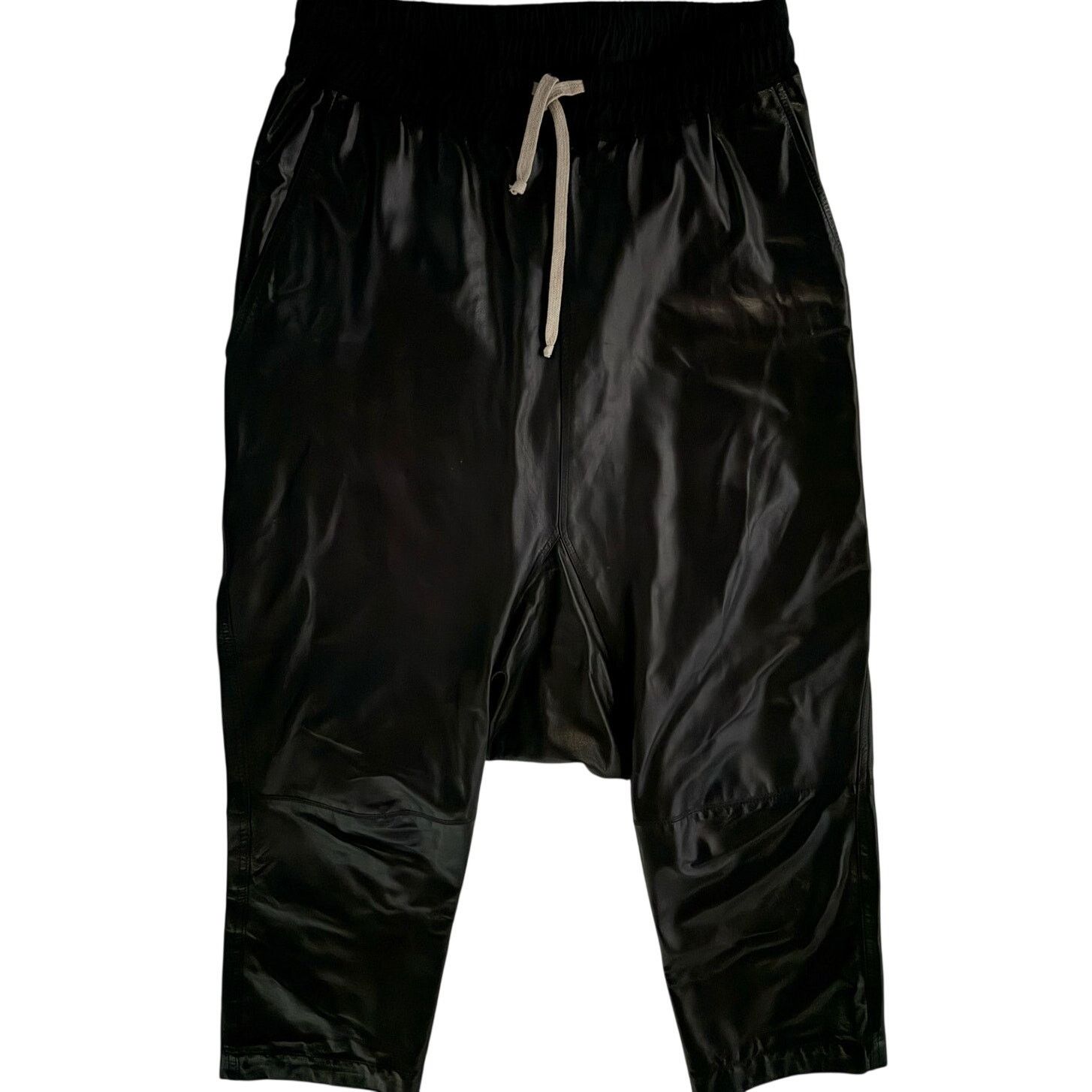 Rick Owens SS19 Babel Dropped Crotch Black Polished Calfskin Pants US 2 Size 26" / US 2 / IT 38 - 1 Thumbnail