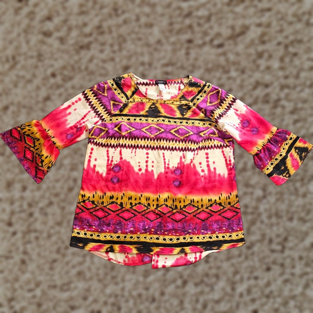 Bell Cocomo Top Shirt Women XL Petite Pink Southwest Bell Sleeve Aztec Casual Career Shirt Womens XL Petite Pink Aztec Southwest Bell Sleeve Size XL / US 12-14 / IT 48-50 - 1 Thumbnail