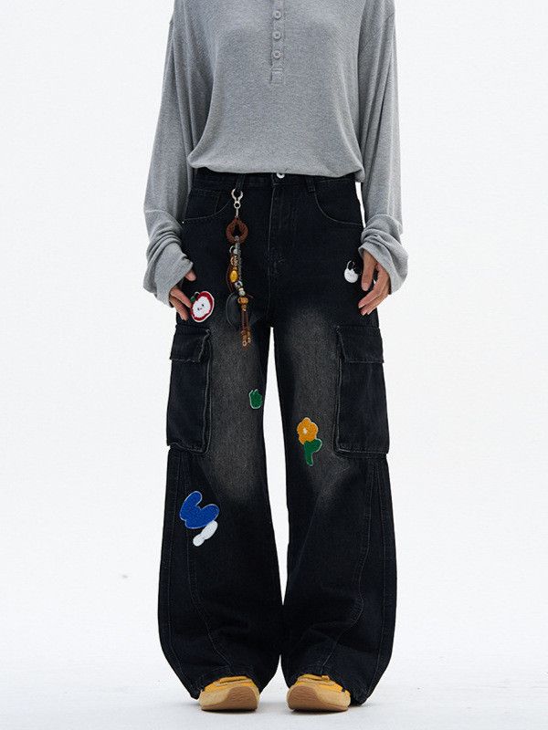 Japanese Brand Retro men's loose distressed embroidered patchwork jeans Size US 32 / EU 48 - 2 Thumbnail
