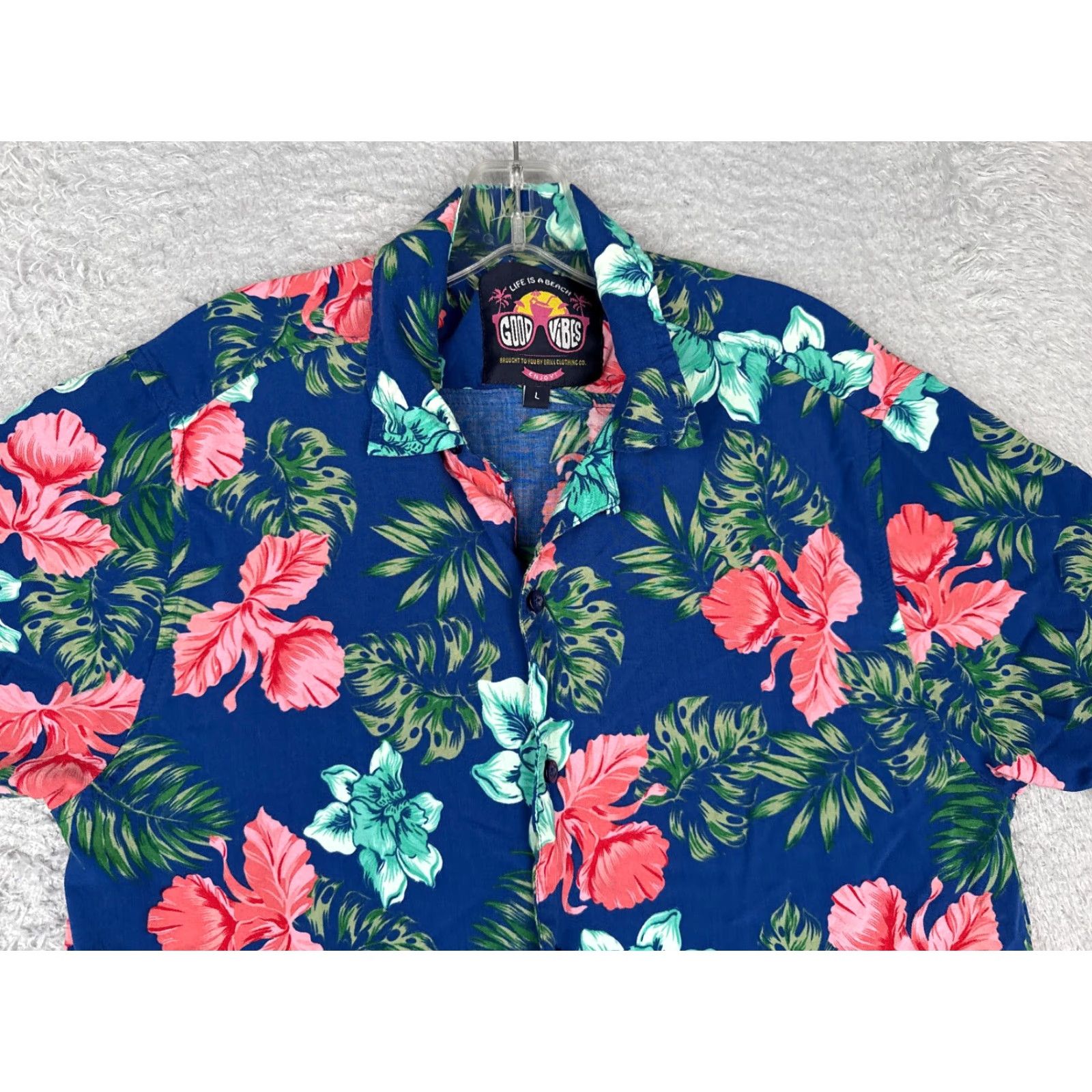 Vintage Good Vibes Shirt Men Large Blue Pink Green Floral Button Up Hawaiian Rayon Size US L / EU 52-54 / 3 - 4 Thumbnail