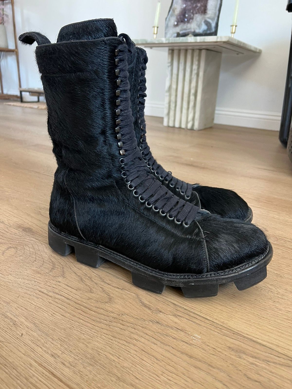 Pre-owned Rick Owens Grail Fw13 Plinth Ponyhair Boots In Black