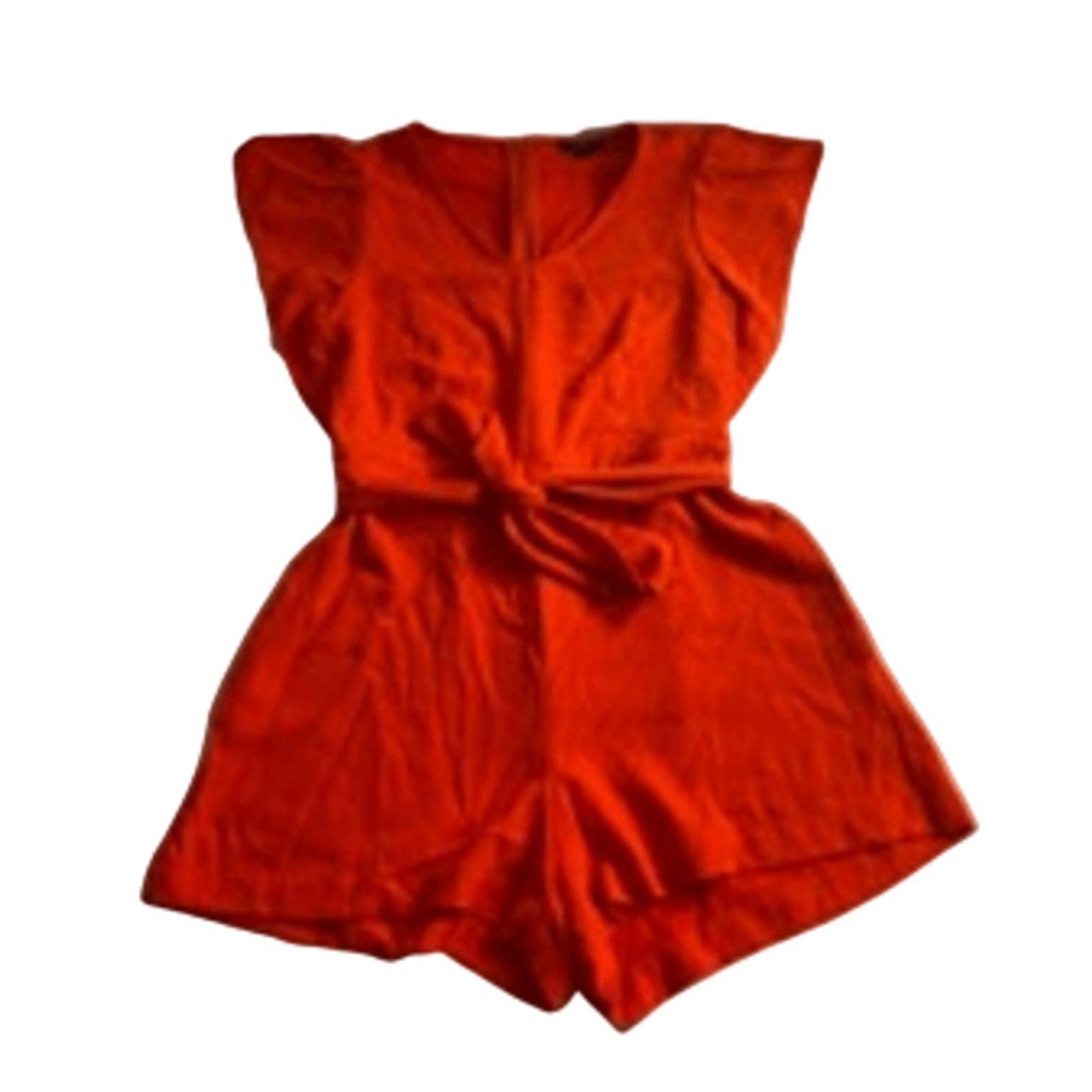 Ann Taylor Chic Modernist Minimalist Orange Belted Romper Petite L Size 22" - 2 Thumbnail