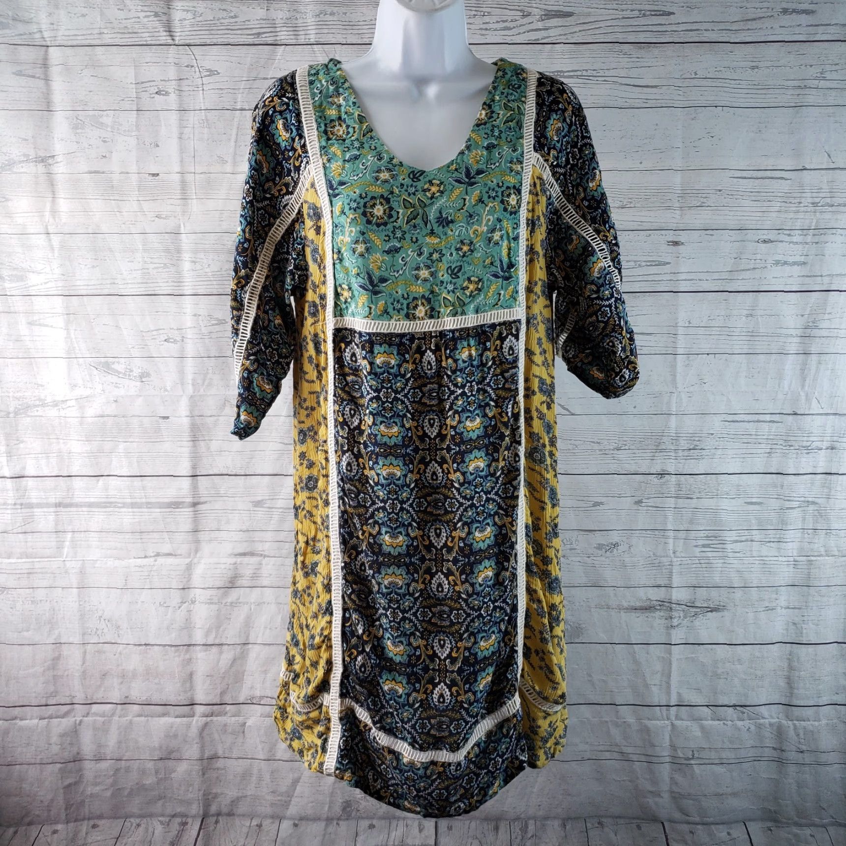 Vintage Bob Timberlake Womens Dress M Yellow Floral Rayon Keyhole Scoop Neck 3/4 Sleeve Short Vintage No Size M / US 6-8 / IT 42-44 - 2 Thumbnail