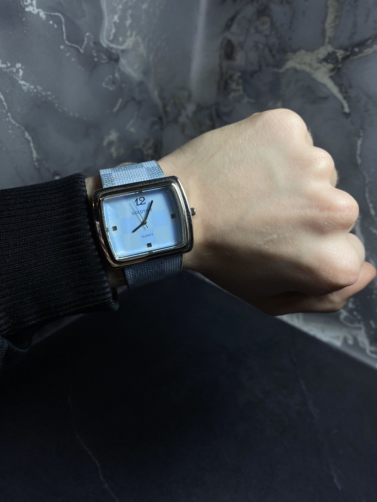 Jewelry x Vintage Goldtime Square Quartz Watch Checkered Strap Vintage in Blue, Men's
