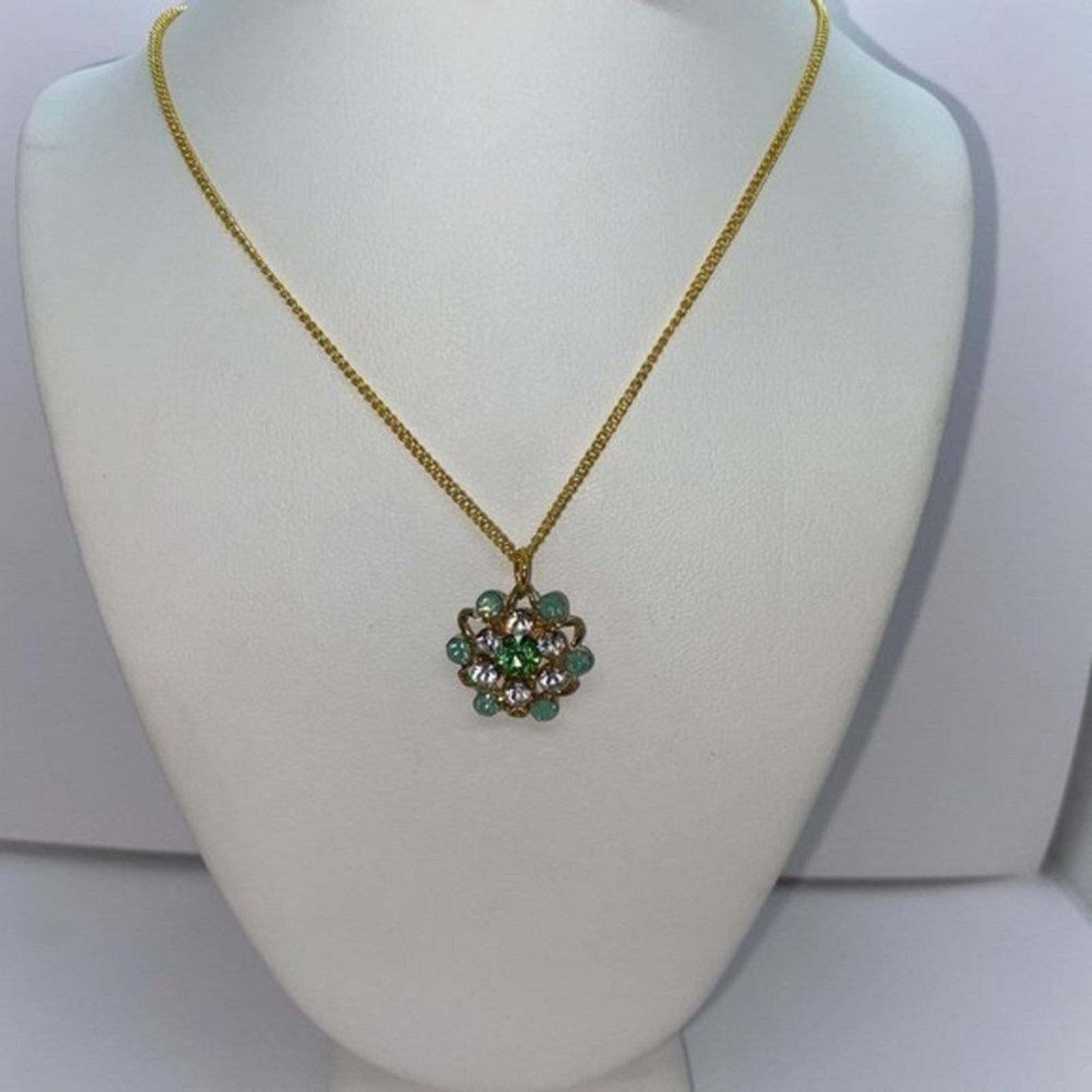 Handmade Gold-Tone Turquoise Green Rhinestone Necklace Size ONE SIZE - 1 Thumbnail