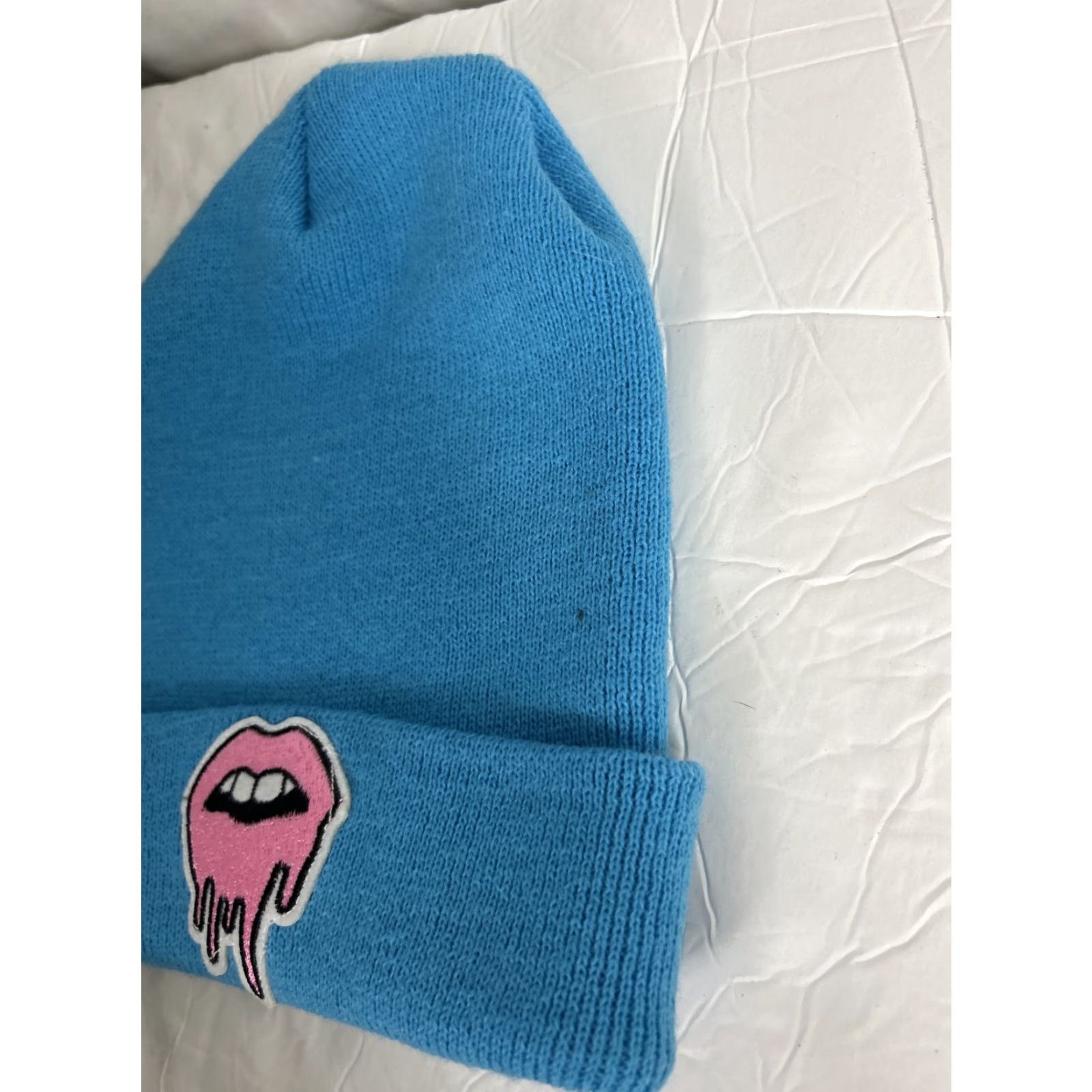 Vintage Messqueen Beanie Men One Size Blue Pink Skull Cap Polyester Street Wear Brooklyn Drip Mouth White? Size ONE SIZE - 2 Thumbnail