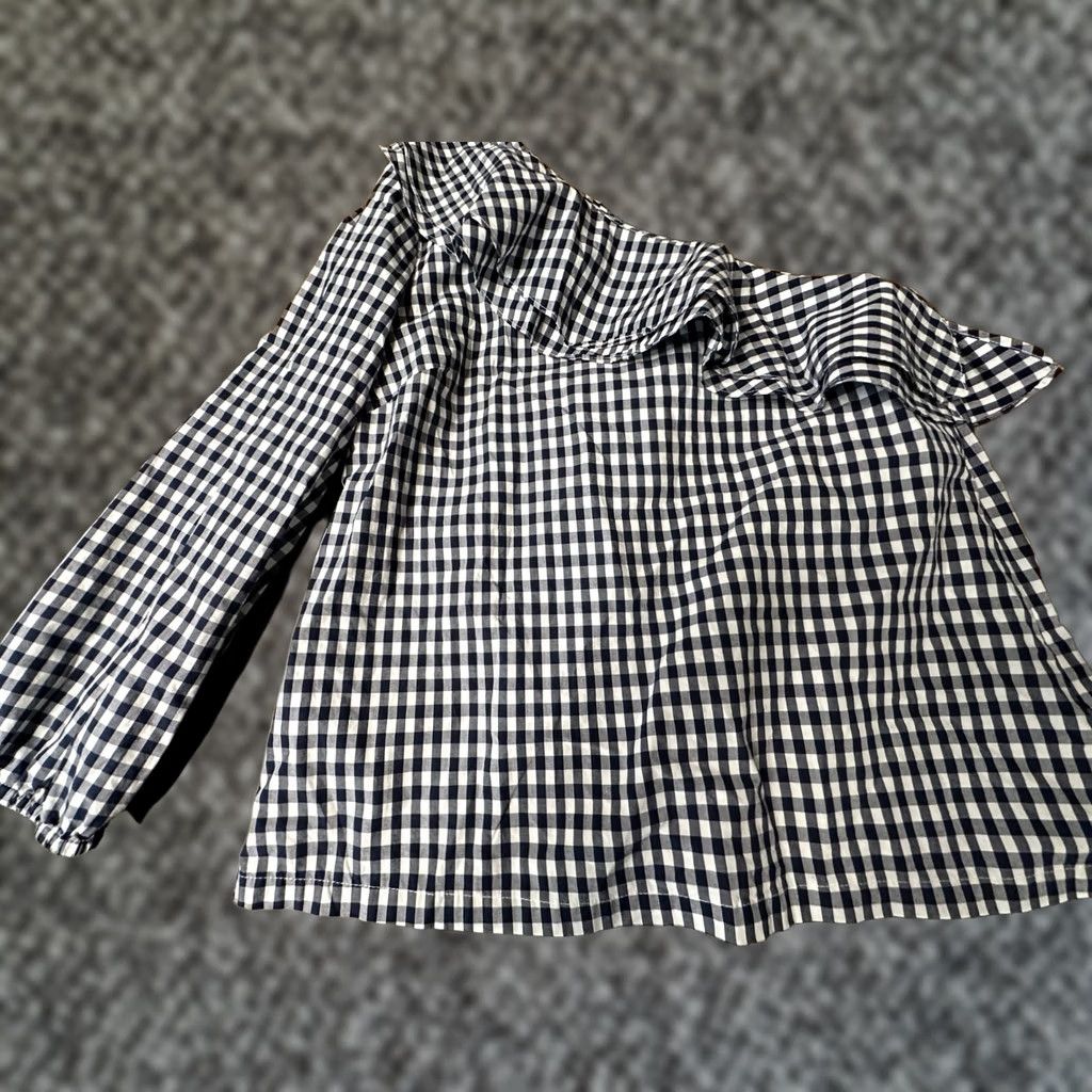 J.Crew J.CREW Blouse Womens 4 Blue Gingham One Shoulder Ruffle LS Size S / US 4 / IT 40 - 1 Thumbnail
