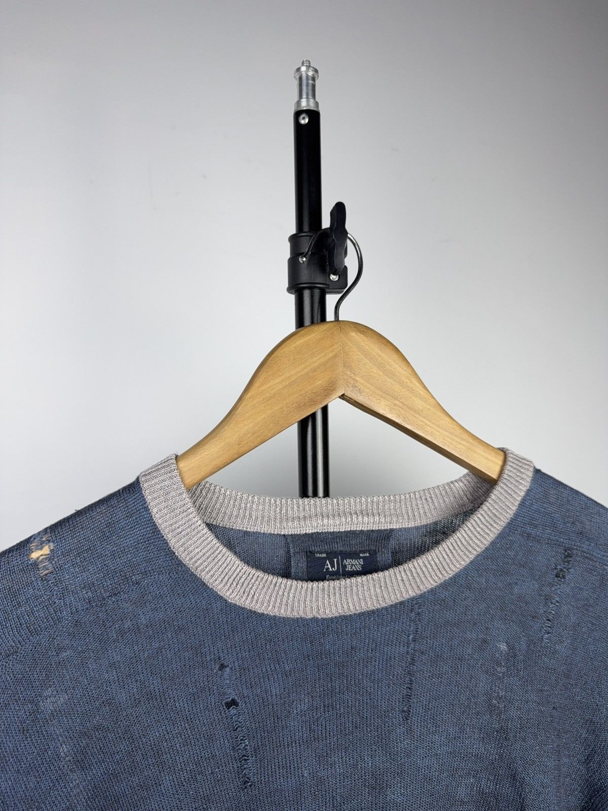 Armani Luxury 00s Armani Jeans Distressed Knit Sweater Faded Blue Size US M / EU 48-50 / 2 - 3 Thumbnail