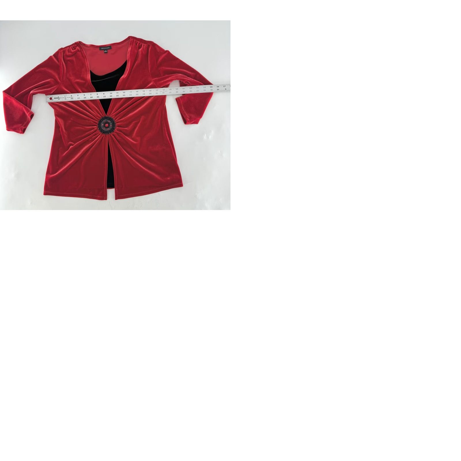 Vintage NOTATIONS Red Velvet 3/4 Sleeve V-Neck Top Blouse Women M Dressy Beaded Buckle Embellished Stretch Tunic Size M / US 6-8 / IT 42-44 - 9 Thumbnail