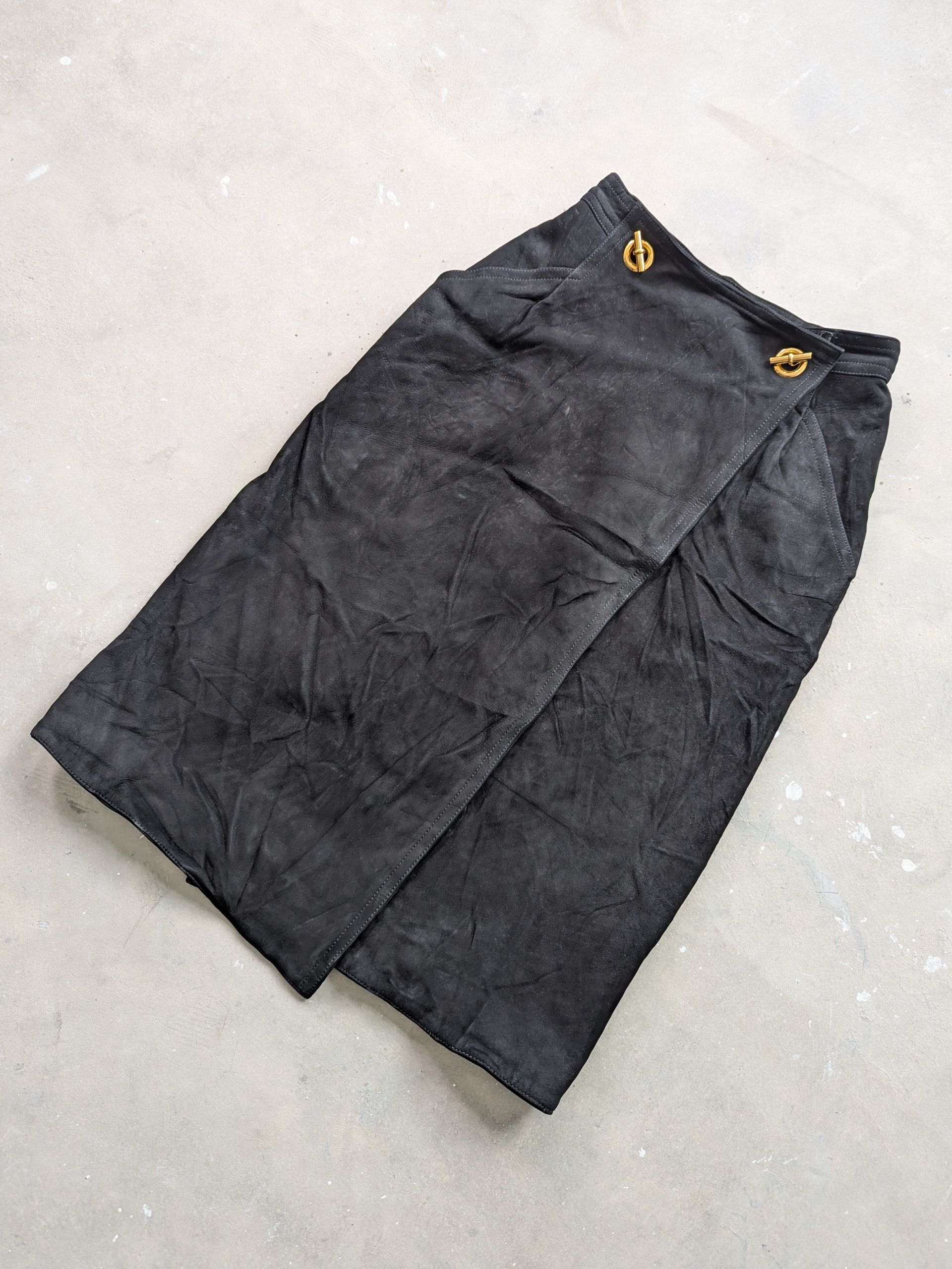 Hermes × Vintage Hermes Midi Skirt Nubuck Leather Viscose Lining Size 25" / US 0 / IT 36 - 2 Thumbnail