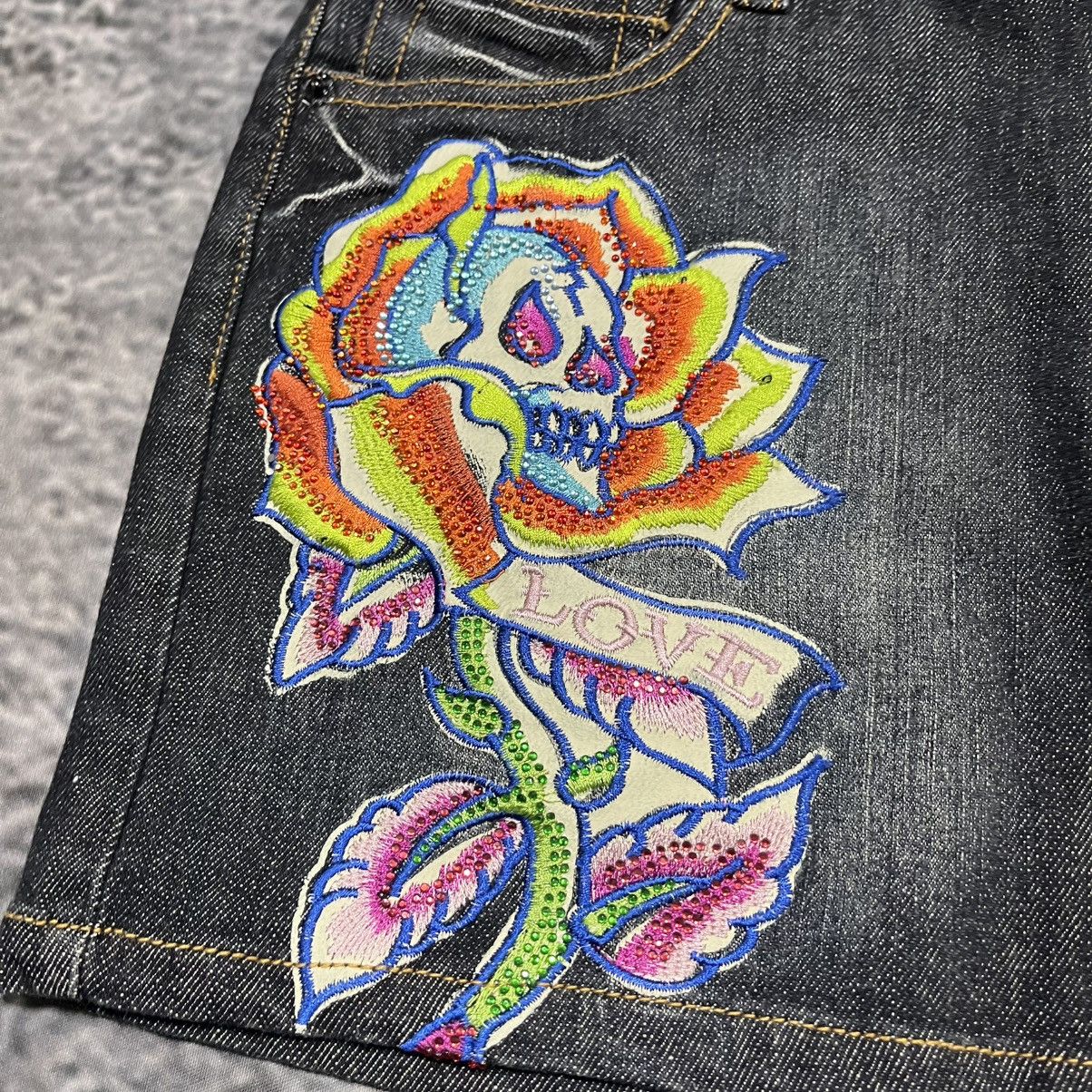 Ed Hardy Vintage Y2K Ed Hardy Cyber Grunge Goth Denim Mini Skirt NEW Size 29" - 4 Thumbnail