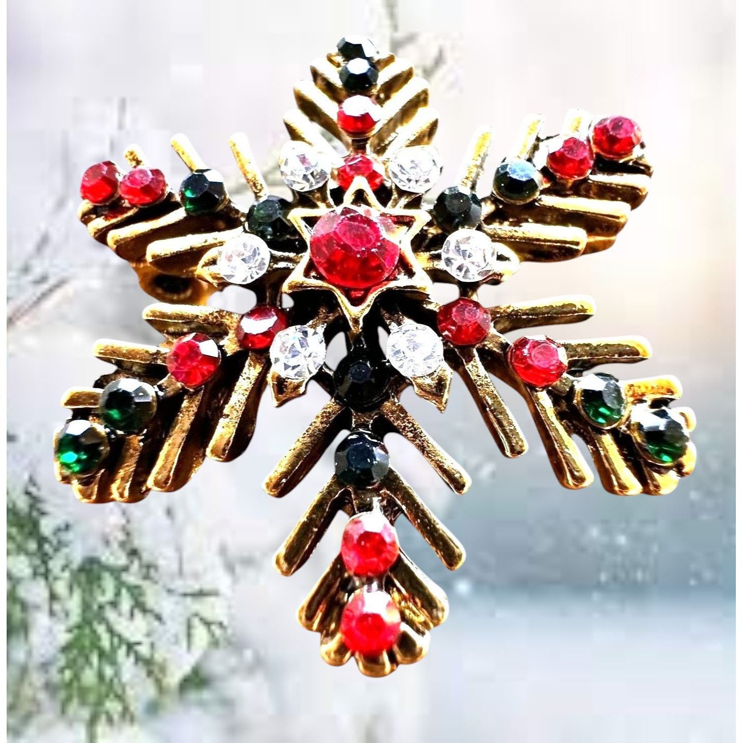 Handmade Christmas Snowflake Brooch Pin Star Red Green Crystal Accent Size ONE SIZE - 2 Thumbnail