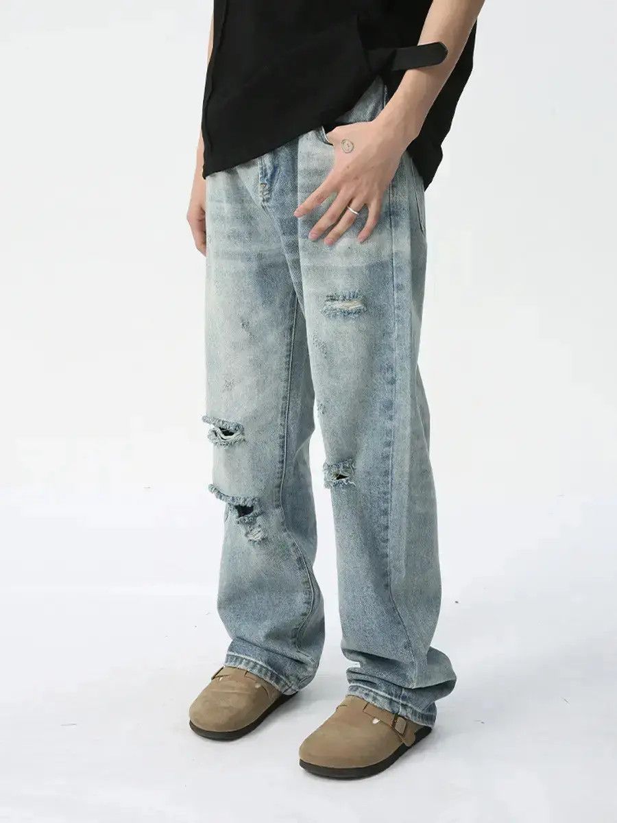 Japanese Brand Retro loose straight leg ripped jeans Size US 32 / EU 48 - 1 Thumbnail