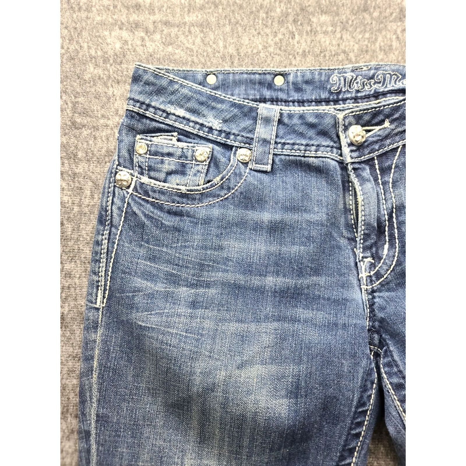 Miss Me Miss Me Jeans Womens 29x32 Regular Fit Bootcut Mid Rise Distressed Stretch Denim Blue Embroidered Rhinestone 5-Pocket Design Size 29" - 5 Thumbnail