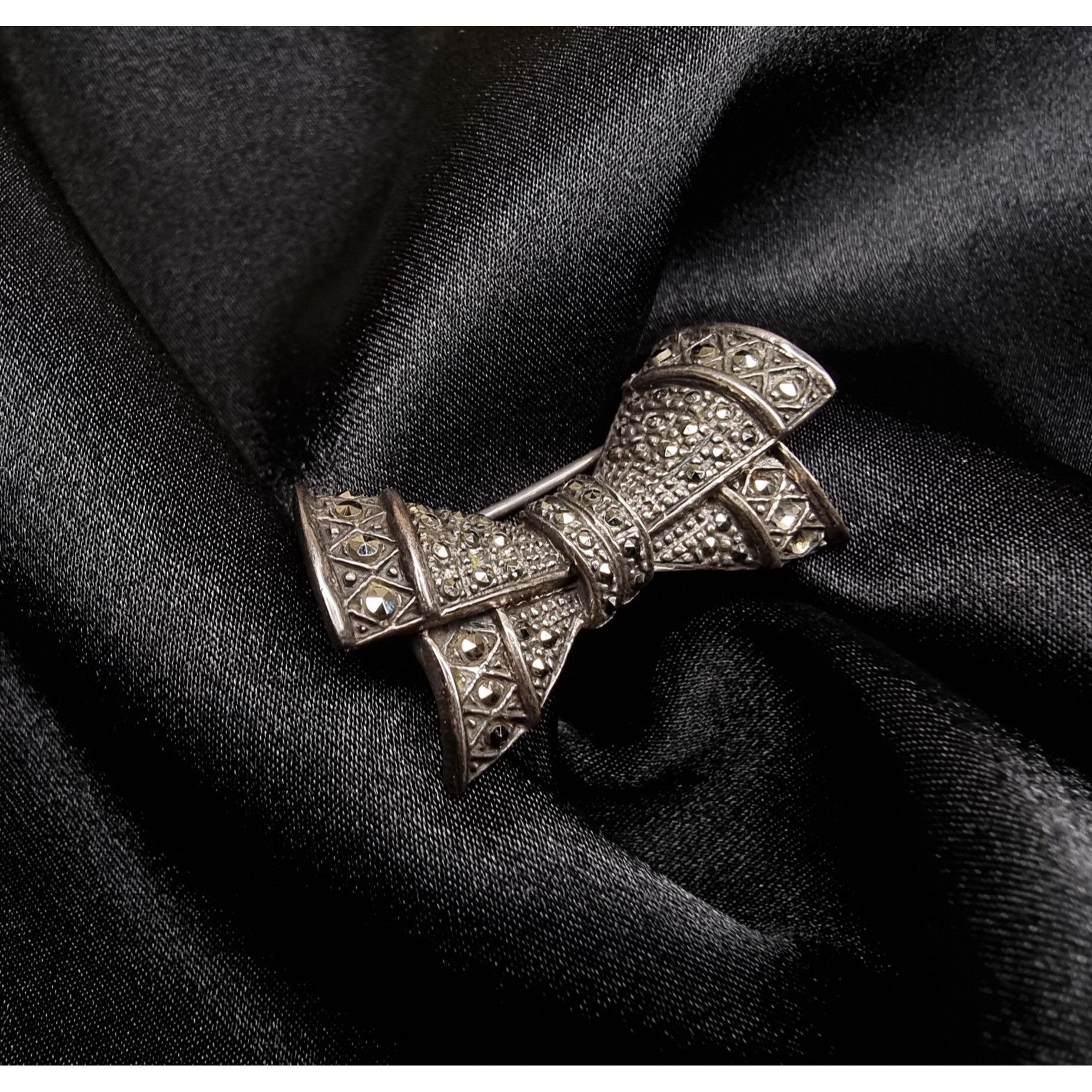 Vintage Vintage 925 Sterling Silver Marcasite Bow Brooch Pin Elegant Size ONE SIZE - 4 Thumbnail