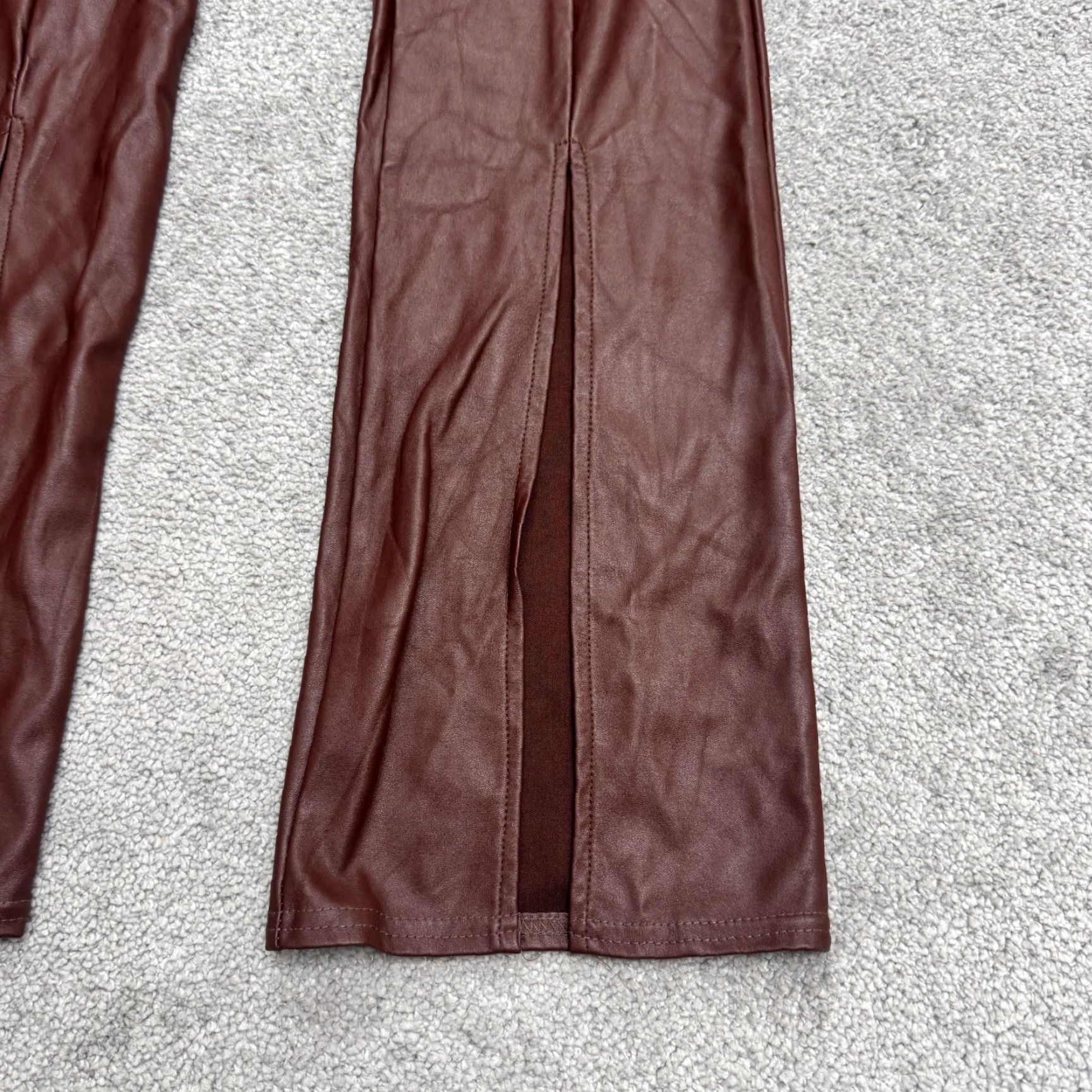 PrettyLittleThing PrettyLittleThing Choclate Faux Leather Flare Pants Womens 4 High Rise Split Hem Brown Size 27" / US 4 / IT 40 - 5 Thumbnail