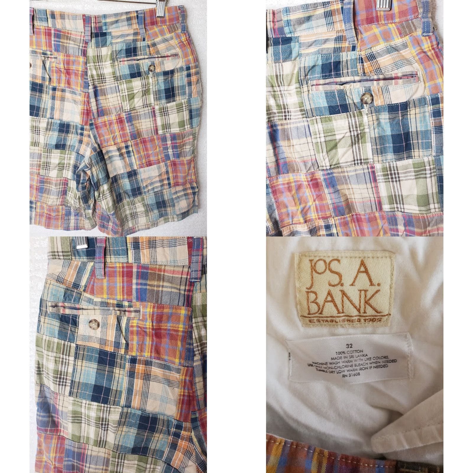 Jos. A. Bank JOS A BANK Men's Multicolor Madras Patchwork Plaid Cotton Shorts 32W X 9L Size US 32 / EU 48 - 8 Thumbnail