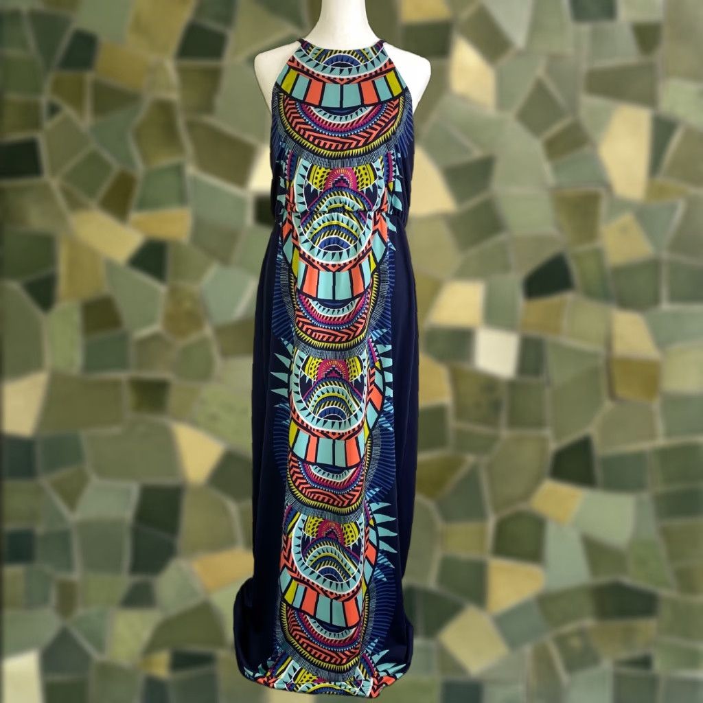 Vintage Bailey Blue Maxi Dress Womens Large Blue Geometric Tribal African Stretch Party/Cocktail Casual Travel Size L / US 10 / IT 46 - 1 Thumbnail