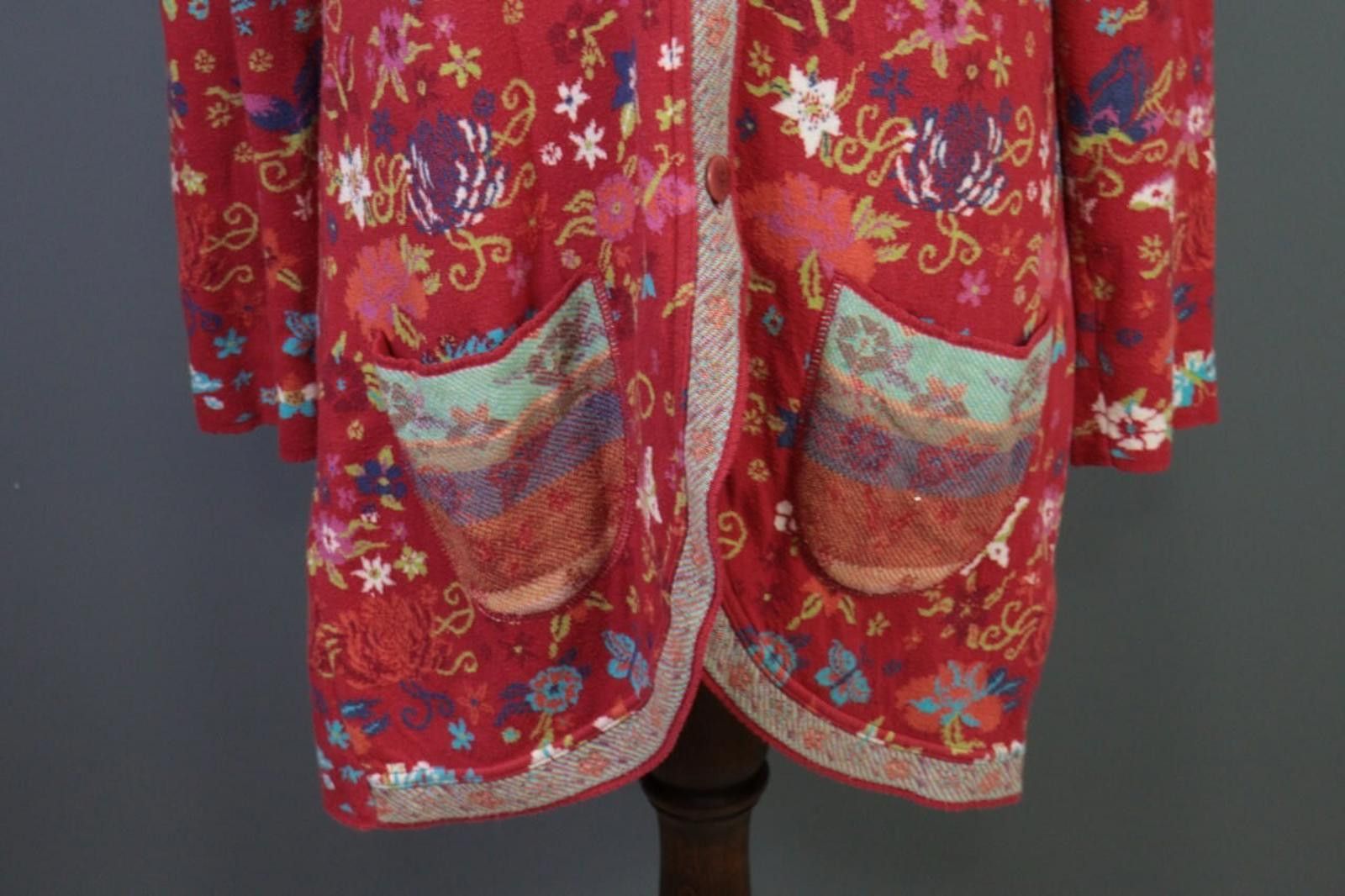 Designer Dunque Red Floral Wool Button Cardigan Sweater Size XL Size XL / US 12-14 / IT 48-50 - 3 Thumbnail