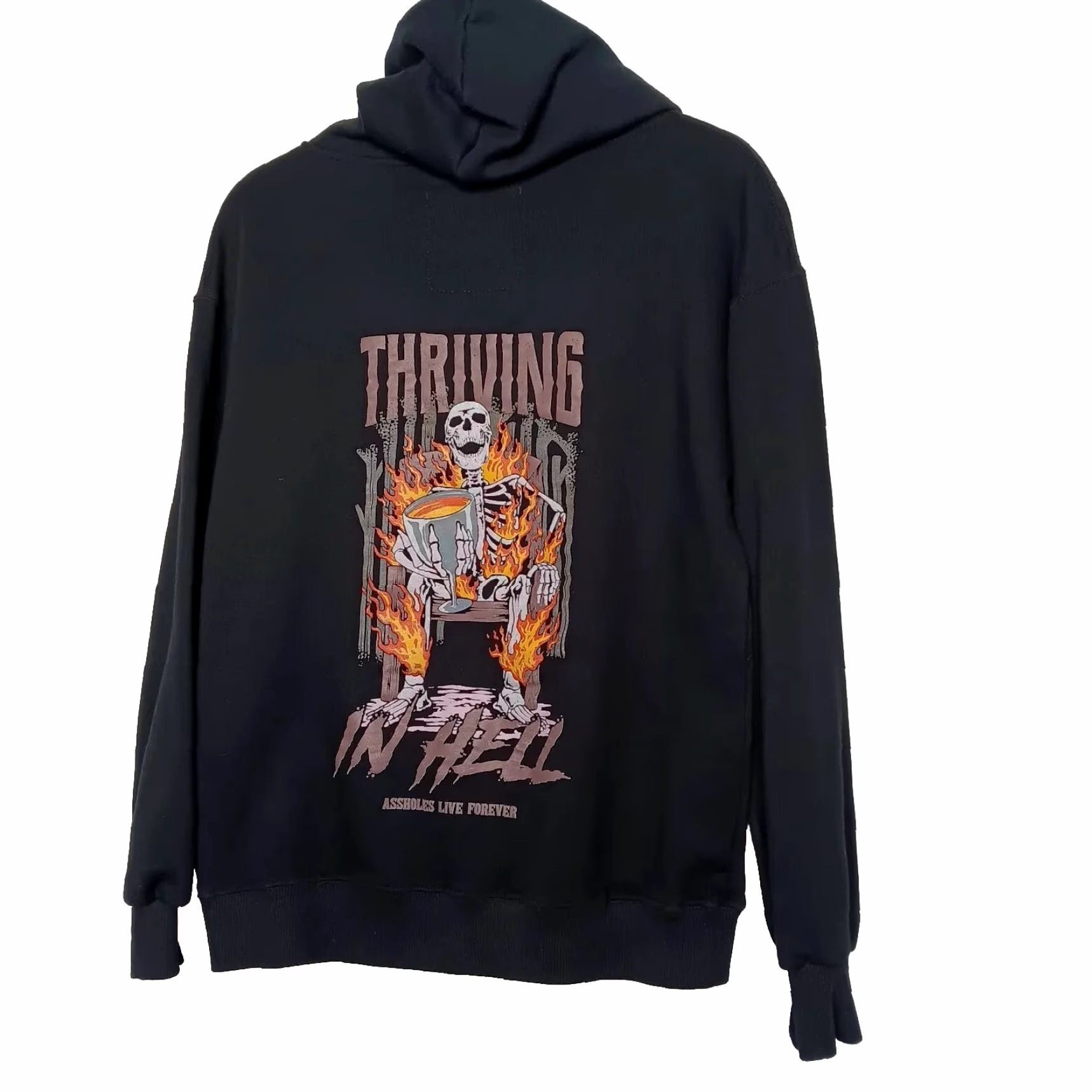 Olive VINTAGE Assholes Live Forever Hoodie Sweatshirt M Black Goth Skeleton Flames Pullover Thriving in Hell Mens Size US M / EU 48-50 / 2 - 2 Thumbnail
