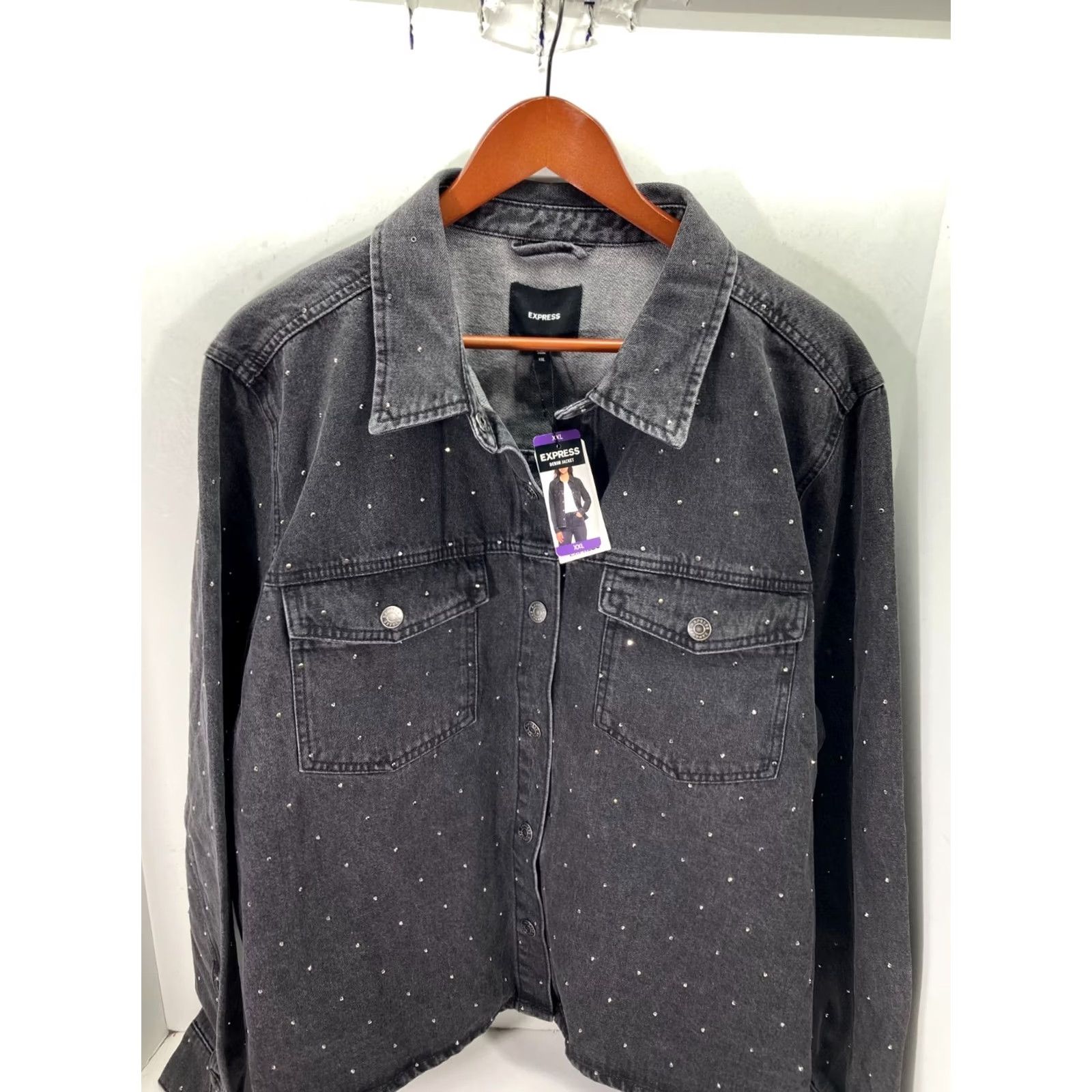 Express VINTAGE Express Jeans Denim Jacket Womens 2XL Black Snap Front Rhinestone Western NWT Size 40" / US 18 - 2 Thumbnail