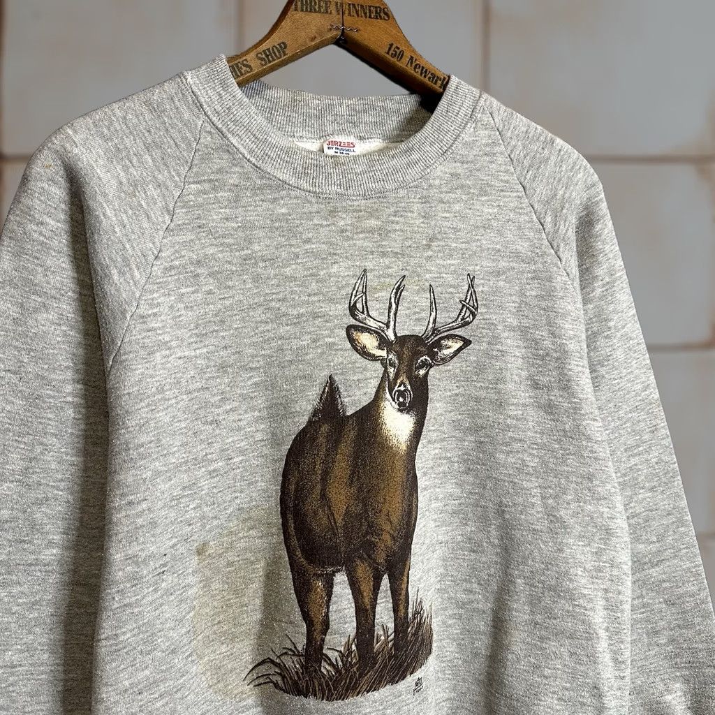Jerzees VINTAGE Russell LSJ Sportswear Whitetail Deer Crewneck Raglan Sweatshirt M Grey Cotton Blend Fleece Graphic Print 90s Deer Mens Size US M / EU 48-50 / 2 - 1 Thumbnail
