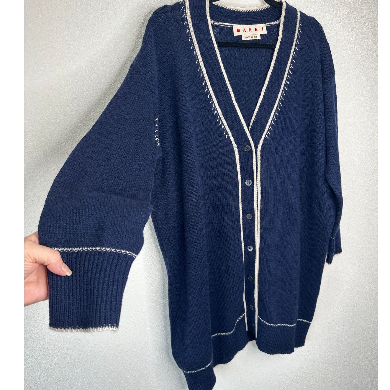 Marni Marni Navy Cream Whip Stitch V-Neck Button Cardigan 42 / XL Size XL / US 12-14 / IT 48-50 - 1 Thumbnail