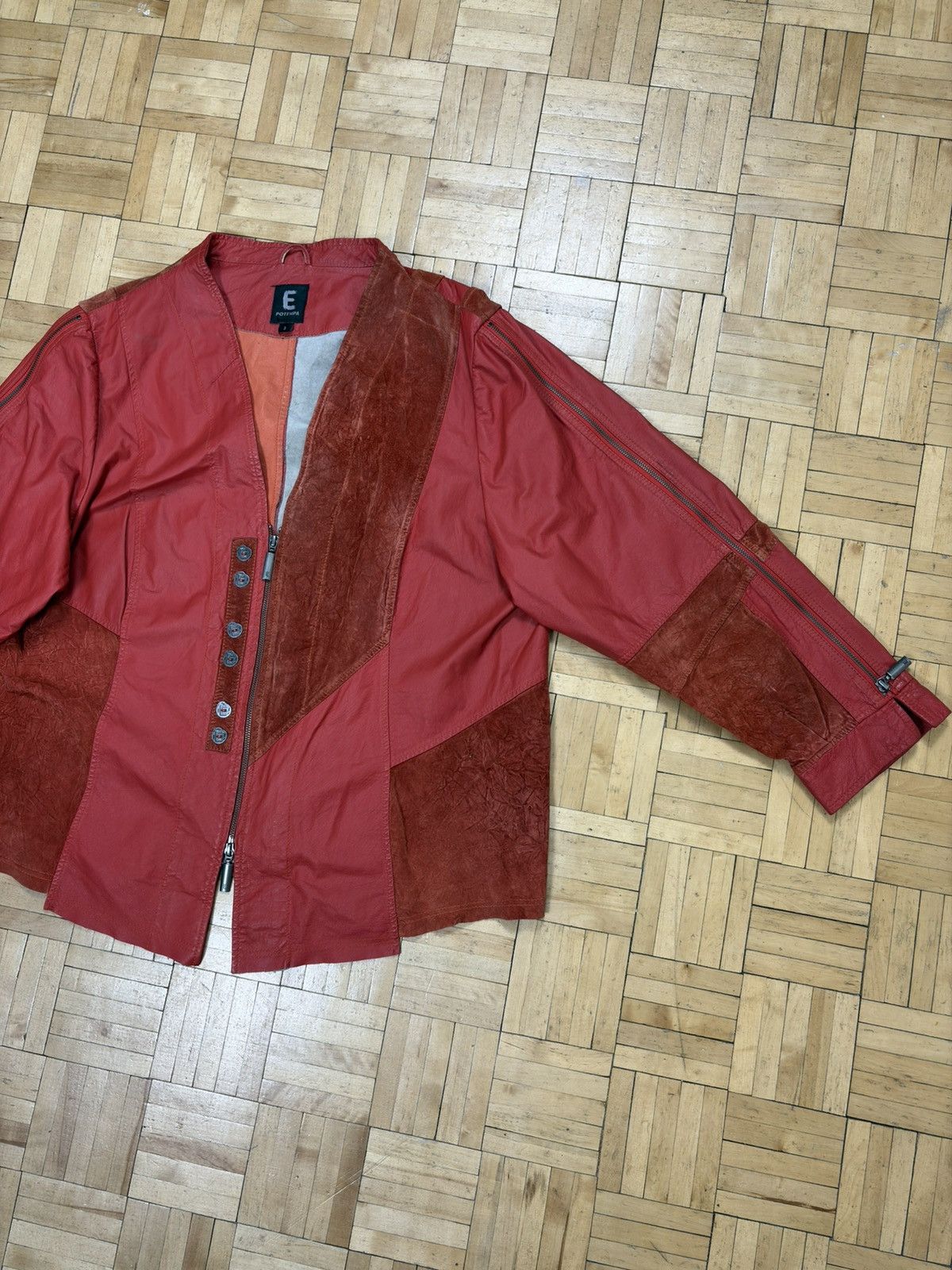 Vintage Burgundy Leather Patchwork Boho Hippie Jacket Size L / US 10 / IT 46 - 3 Thumbnail