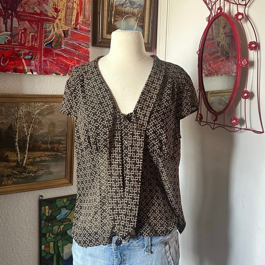 Anne Klein anne klein brown geometric design blouse top Size L / US 10 / IT 46 - 1 Thumbnail