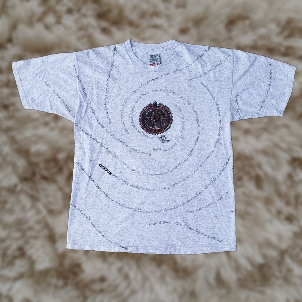 VINTAGE adidas Special Olympics All Over Print AOP Graphic Shirt - Medium White Cotton 1990s 1995 T-Shirt Mens