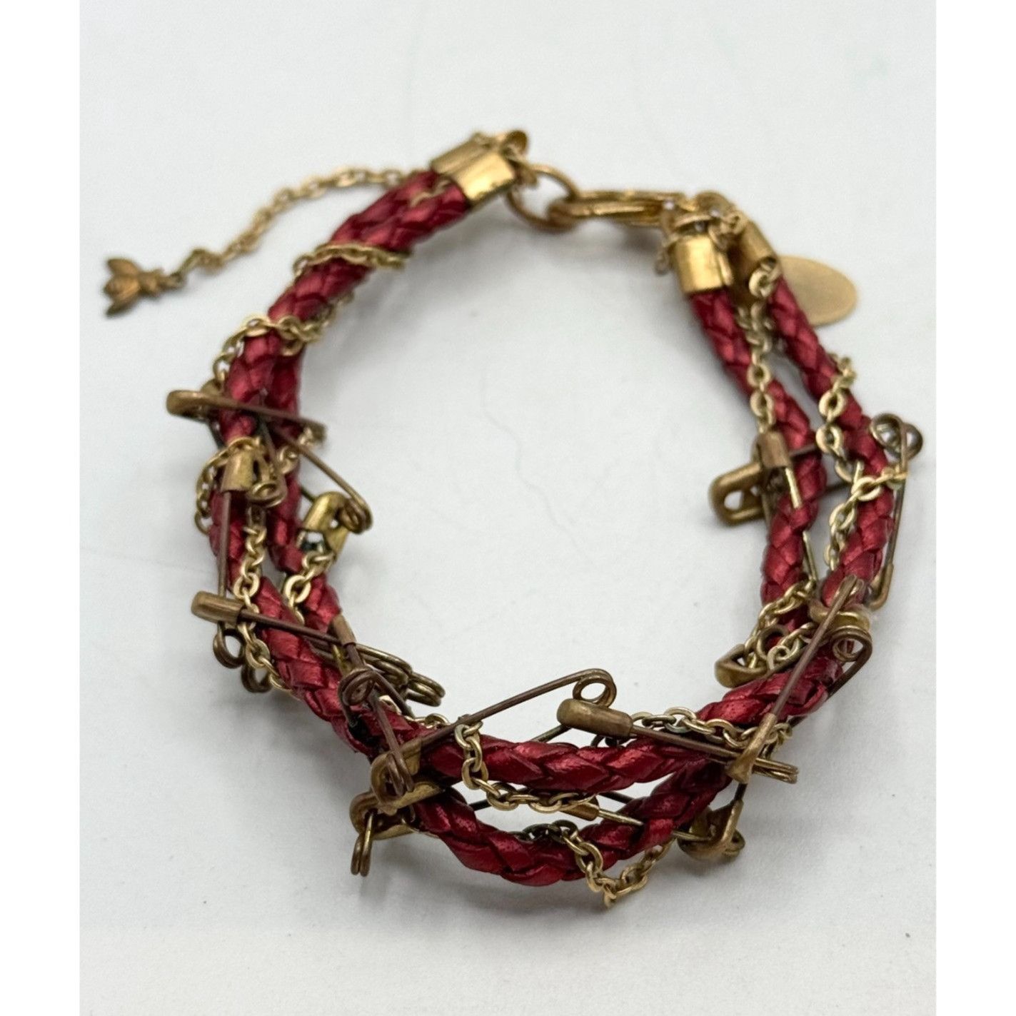 Vintage Vintage red leather braided safety pin bracelet Size ONE SIZE - 1 Thumbnail