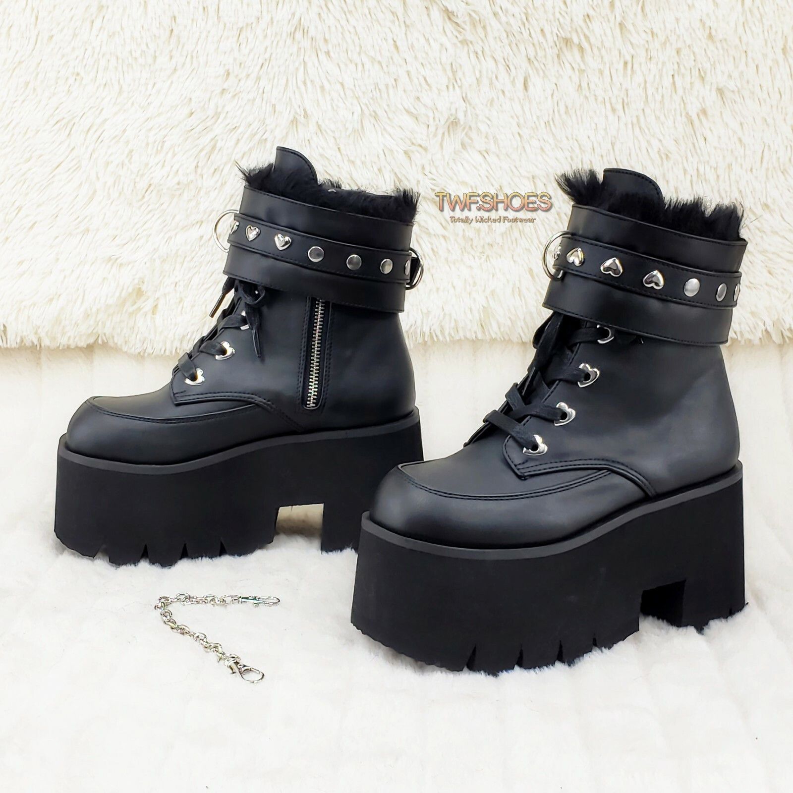 Other Ashes 57 Black Heart Studs 3.5" Platform Goth Boots Fur Line Size US 12 / IT 42 - 3 Thumbnail