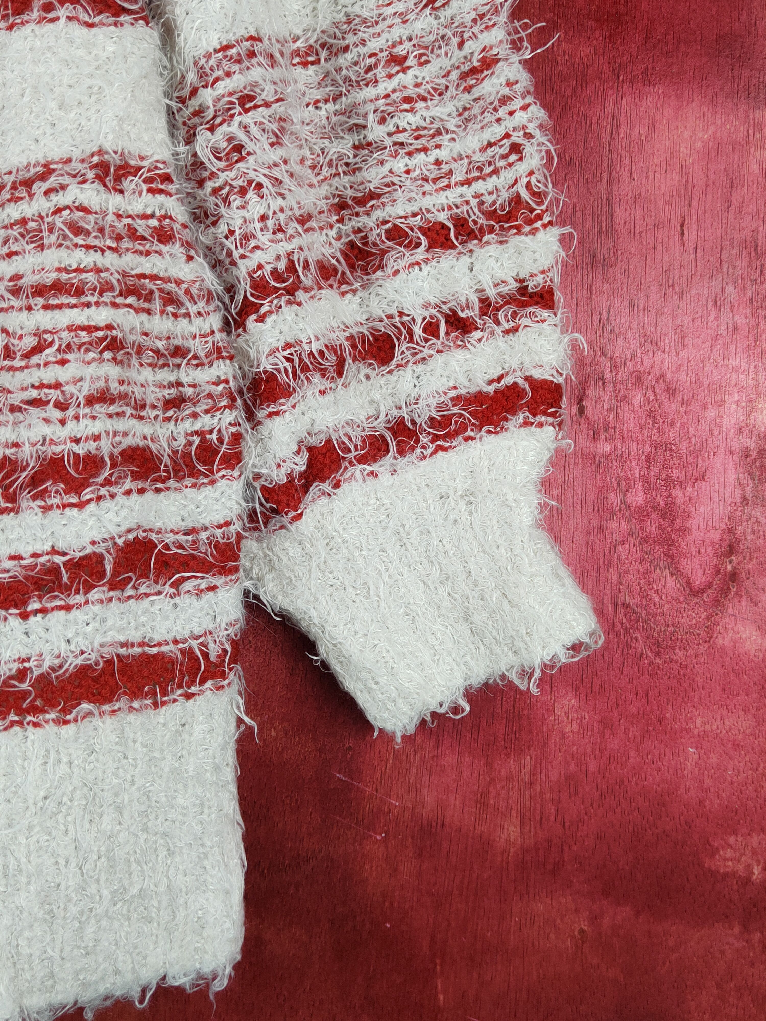 Homespun Knitwear Jeanasis Red White Shag Shaggy Fur Mohair Knitwear #S1936 Size L / US 10 / IT 46 - 6 Thumbnail