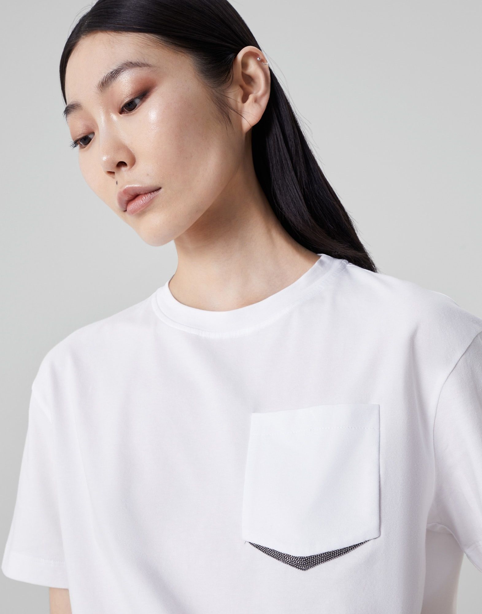 Brunello Cucinelli o1la1rc1a0325 T-Shirt With Monili Pocket in White Size L / US 10 / IT 46 - 5 Thumbnail