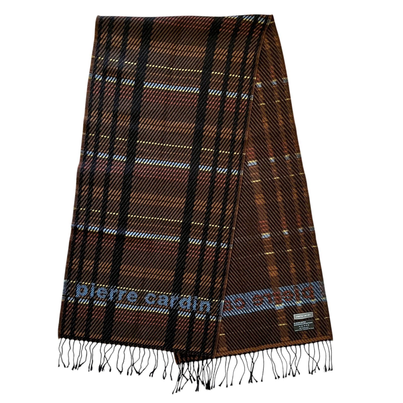 Pierre Cardin × Vintage Pierre Cardin Jacquard Brown Plaid Wool-Blend Fringe Scarf Size ONE SIZE - 1 Thumbnail