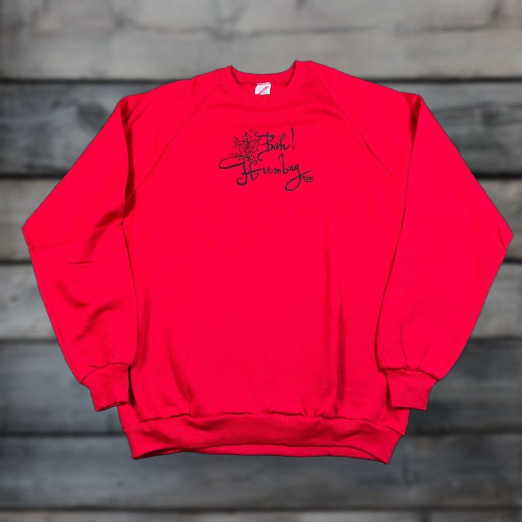 Jerzees VINTAGE Jerzees Christmas Carol Bah Humbug Sweatshirt Adult 2XL Red Raglan Sleeves 90s Size XXL / US 16-18 / IT 52-54 - 1 Thumbnail