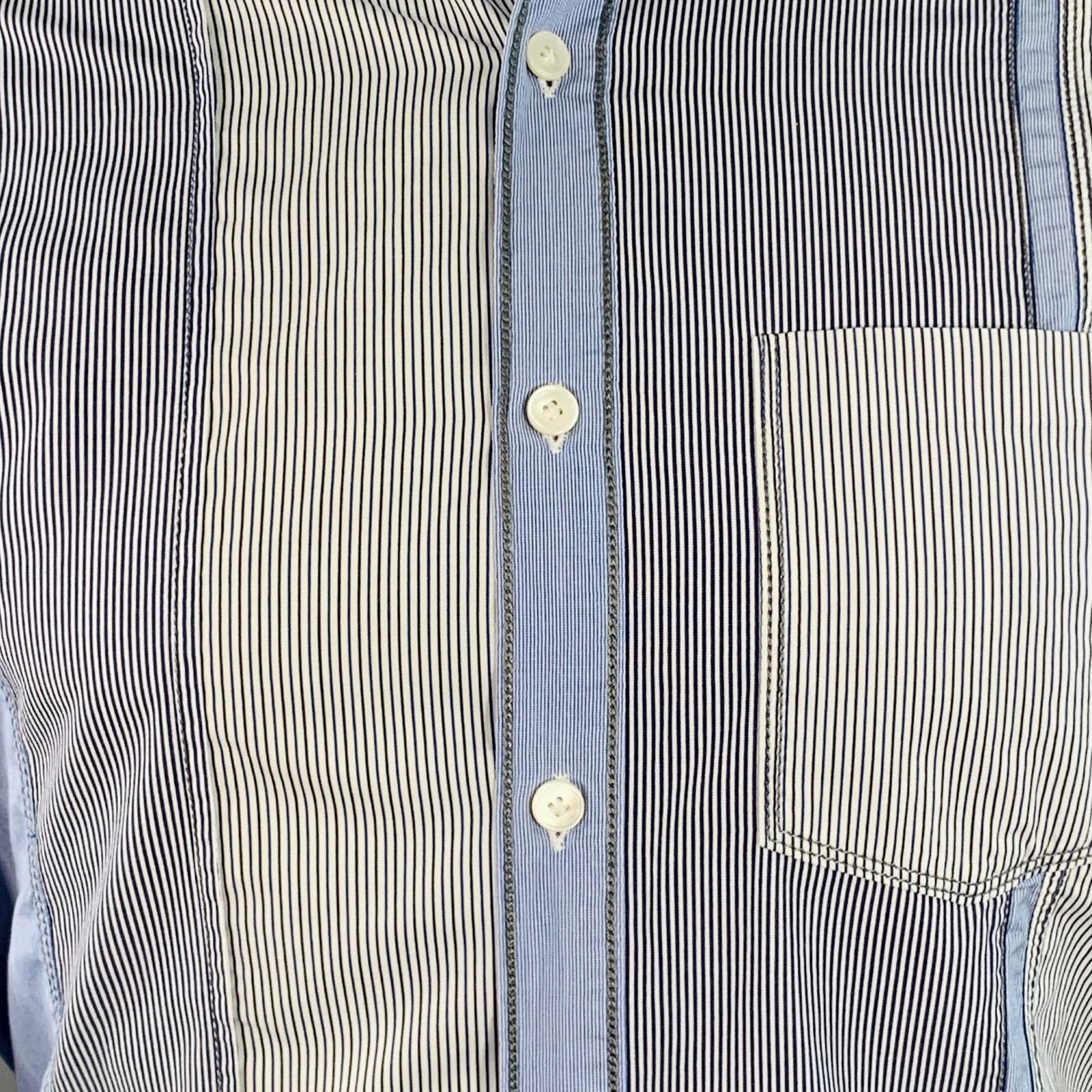 Lanvin LANVIN White Blue Patchwork Stripe Cotton One Pocket Shirt Size US S / EU 44-46 / 1 - 2 Thumbnail